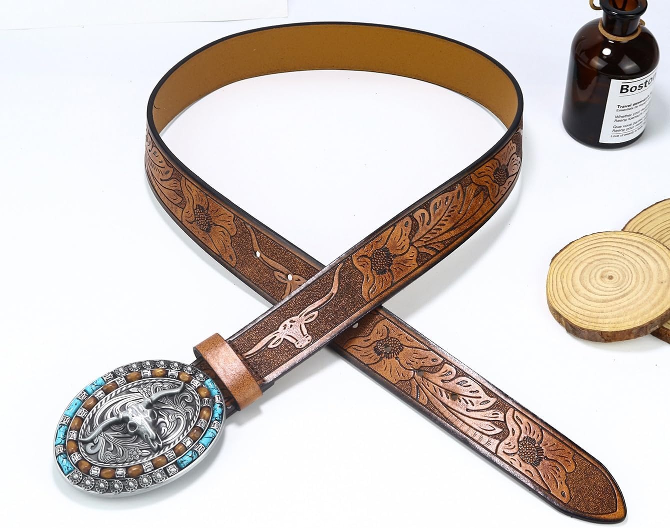 Utaly Western Cowboy Cowgirl Leather Belts - Women Men Turquoise Embossed Waist Belts with Longhorn Bull Buckles image number 2
