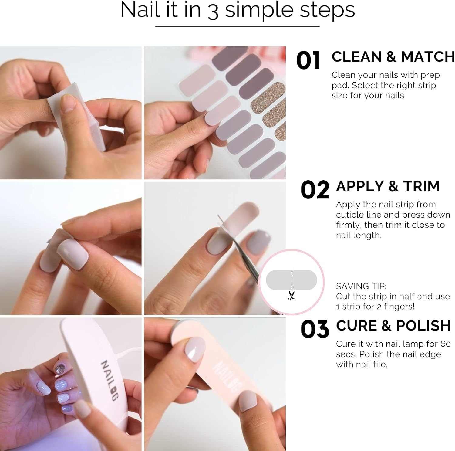 NAILOG Semi Cured Gel Nail Strips (20 Extra Long Nail Stickers) | Glossy & Long Lasting Soft Gel Finish Nail Wrap| Orange & White | Masterpiece image number 1