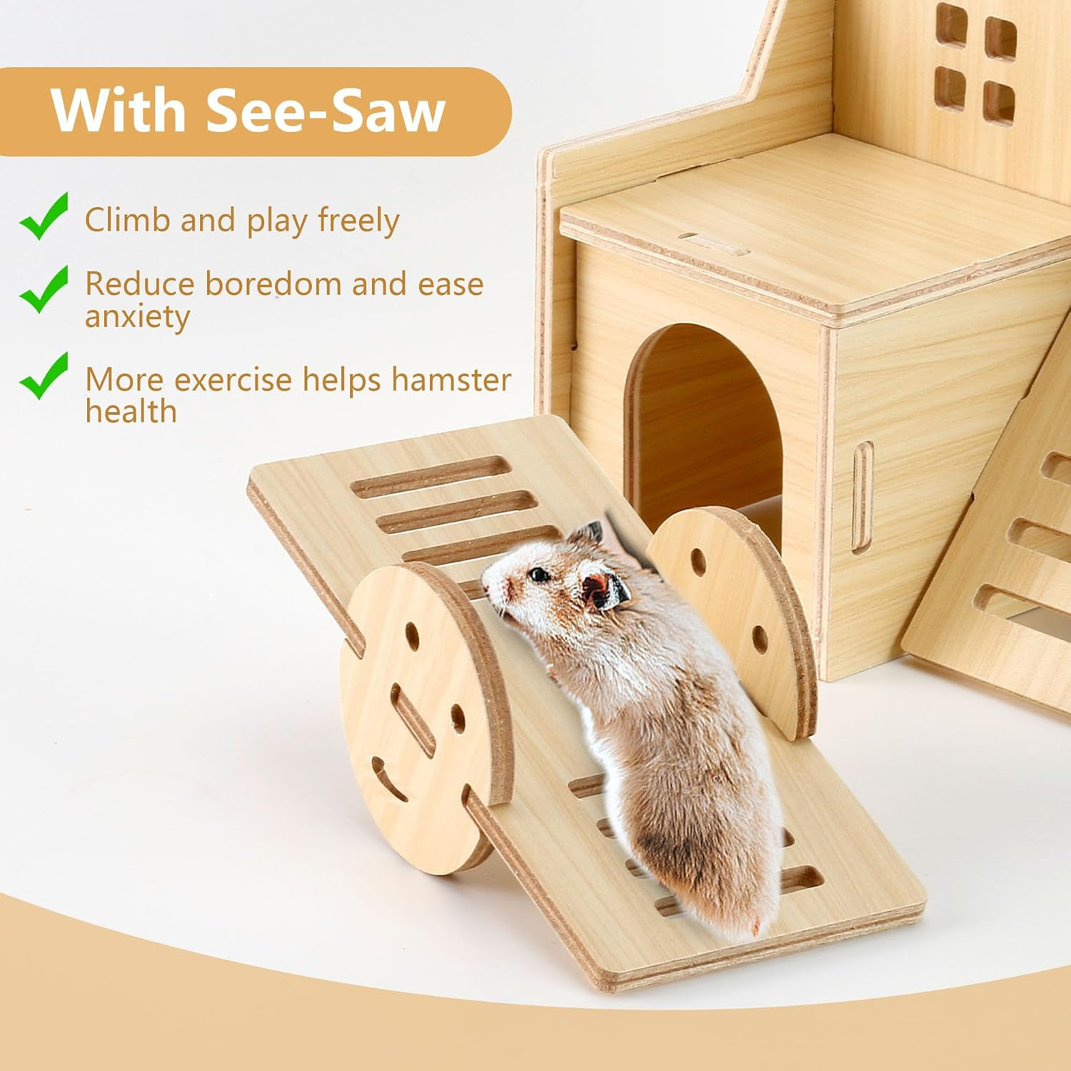 Wooden Hamster Hideout Cage Accessories, Guinea Pig House and Seesaw, Double-Decker Hide Hut with Slide, YITOBA Hamster Chew Toys for Pet Rats, Hamster Platform for Dwarf Gerbils (Two-Story) image number 3