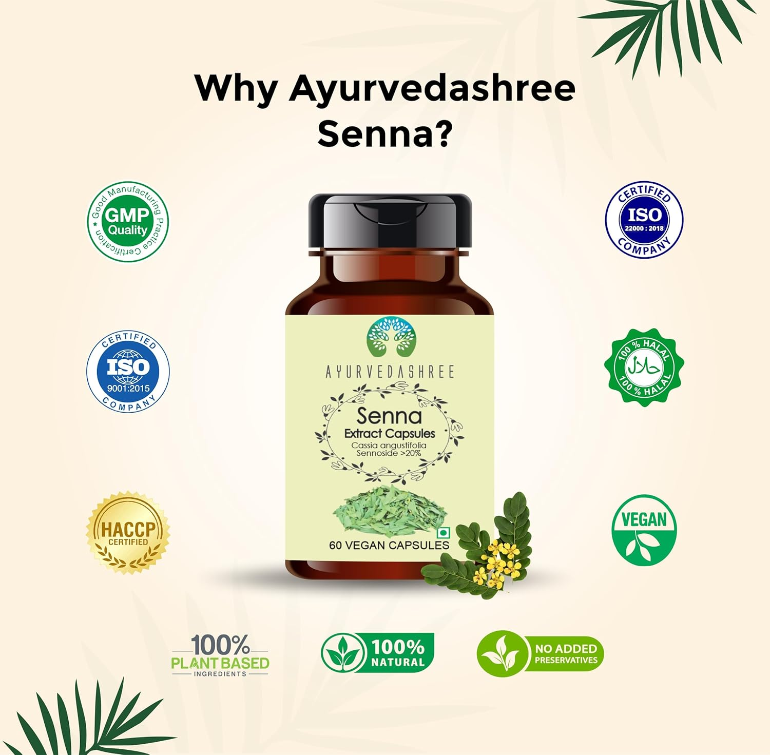 Senna Extract 500Mg - 60 Vegetarian Capsules | Cassia Agustifolia | All Natural | 100% Vegan | Gluten-Free | GMP Certified. image number 1