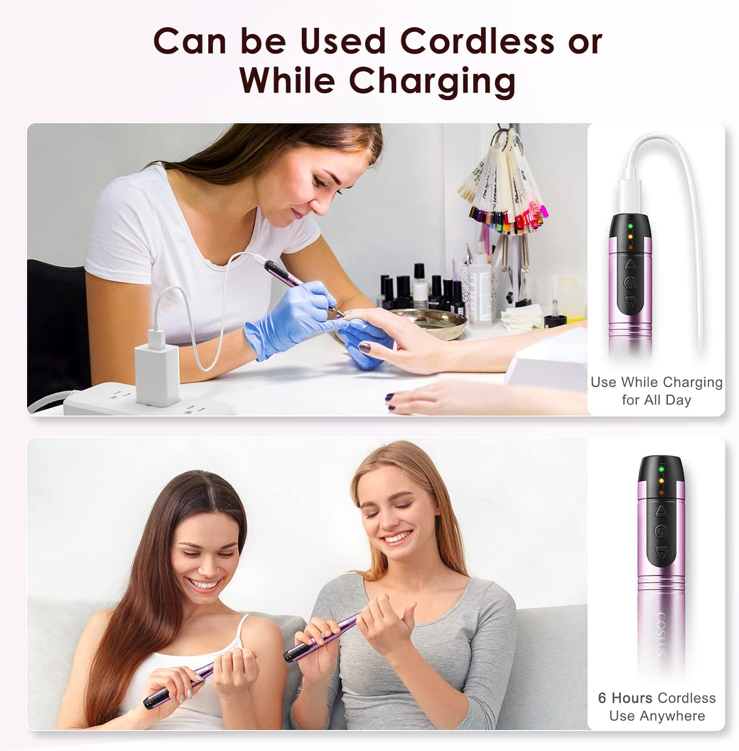 COSLUS Cordless Portable Electric Nail File: Professional Rechargeable Nail Drill Kit for Acrylic Gel Dip Powder Nails, Lightweight Ideal for Home Salons & Manicure Pedicure, Purple image number 3