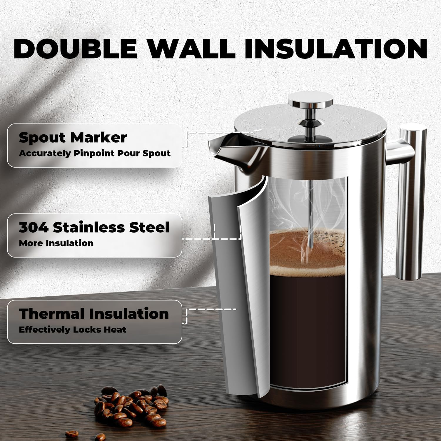 French Press Coffee Maker 8 Cup (1000Ml) &ndash; Premium Stainless Steel Cafetiere with Triple Filter System, Double-Wall Insulation & Cool-Touch Handle &ndash; Easy to Clean, Large Capacity image number 1