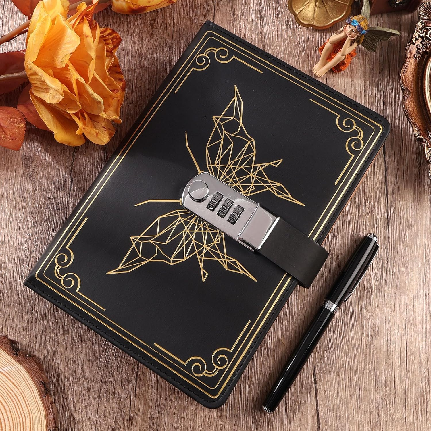 Literary Vintage Locking Leather Notebook,Beautiful Butterfly Pattern Compass, A5 Notebook for Women and Men image number 2