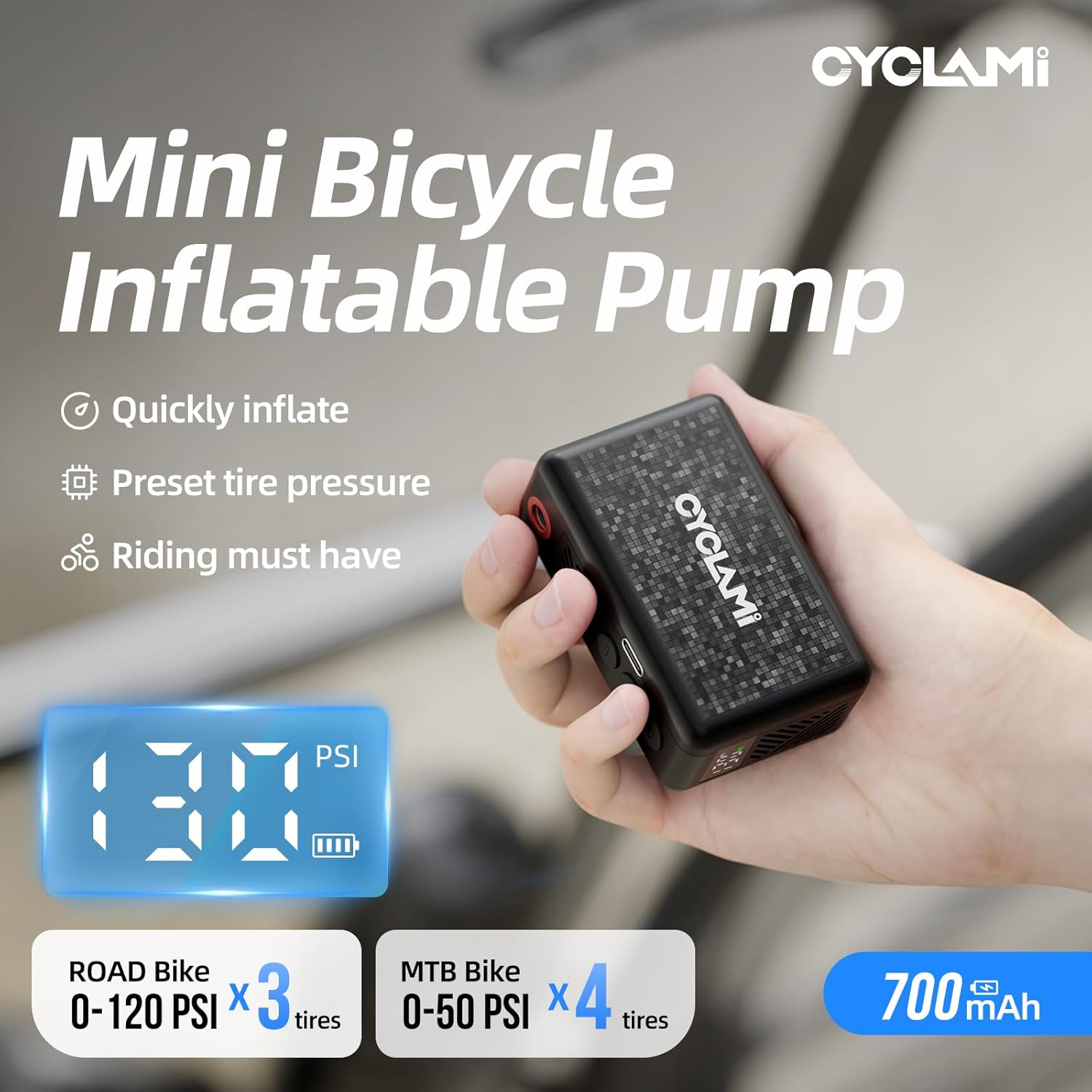 CYCLAMI Mini Electric Bike Pump,130Psi Tiny Electric Bicycle Air Pump, Auto Stop, Presta and Schrader Valve Aluminium for All Bike, Type-C Rechargeable Battery image number 3
