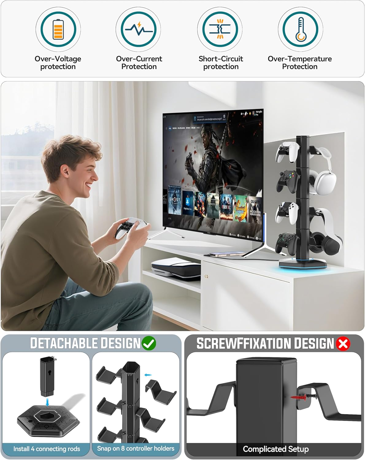 Kytok RGB Controller Holder for Ps5/Ps4/Xbox/Switch, Headphone Stand with 2 USB Charging Ports & Type-C & Headphone Jack, Controller Stand with Cable Organizer, Headset Holder for Desk, 4 Tiers Black image number 1