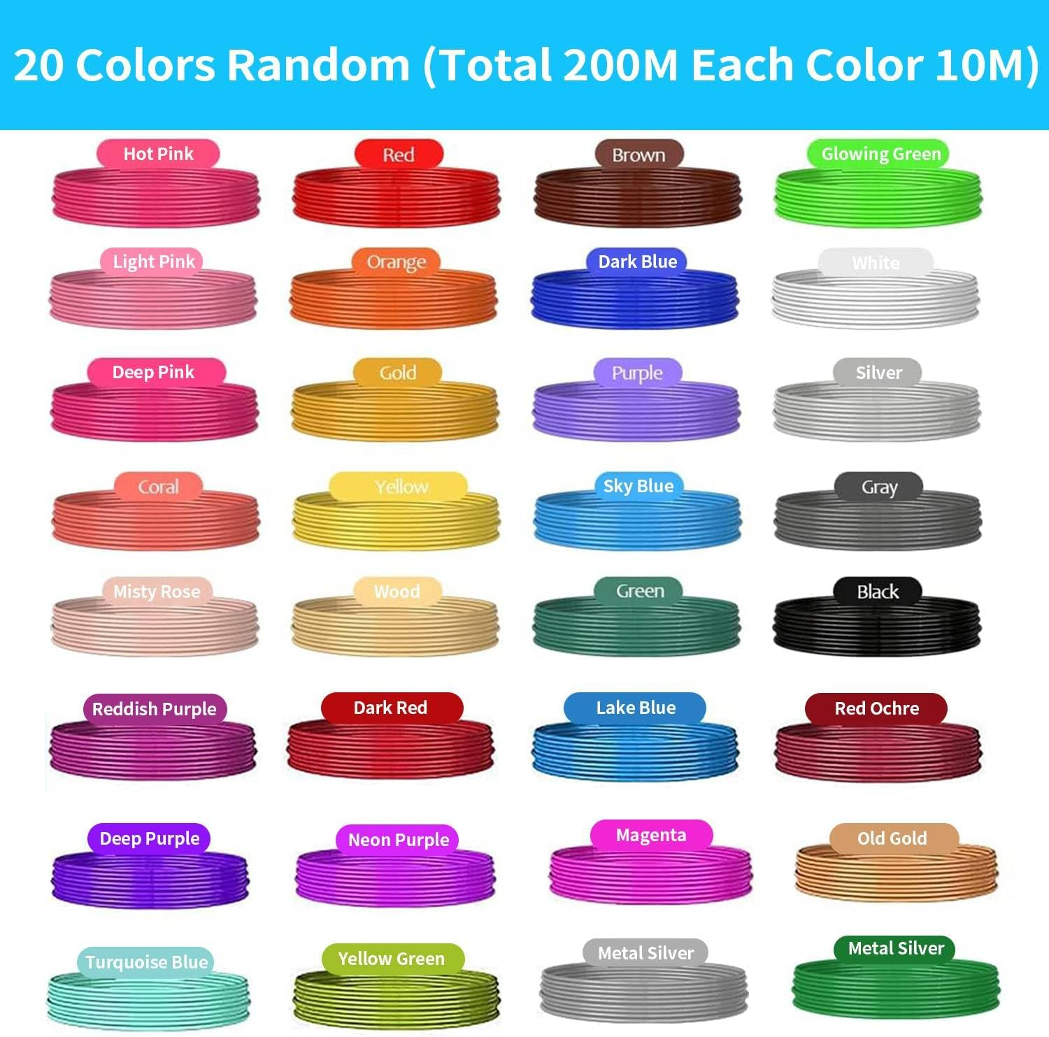 20 Colors 1.75Mm 3D Pen PLA Filament Refill, Total 200M Each Color 10M, 20 Bundles & 3D Pen Template Book Ideal for Home Art, Crafts, Doodler to Create - Is Great Kids Gifts for Birthday and Christmas image number 3
