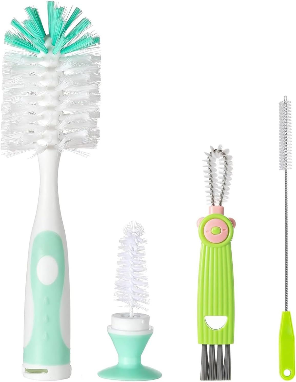 Baby Bottle Cleaner 4 in 1, Bottle Brush Set, with 1P Nylon Bottle Brush, 1P Bottle Cap Brushes, 2P Straw Brushes, Bottle Brush with Nipple Cleaner and Suction Cup, Bpa-Free(Green)