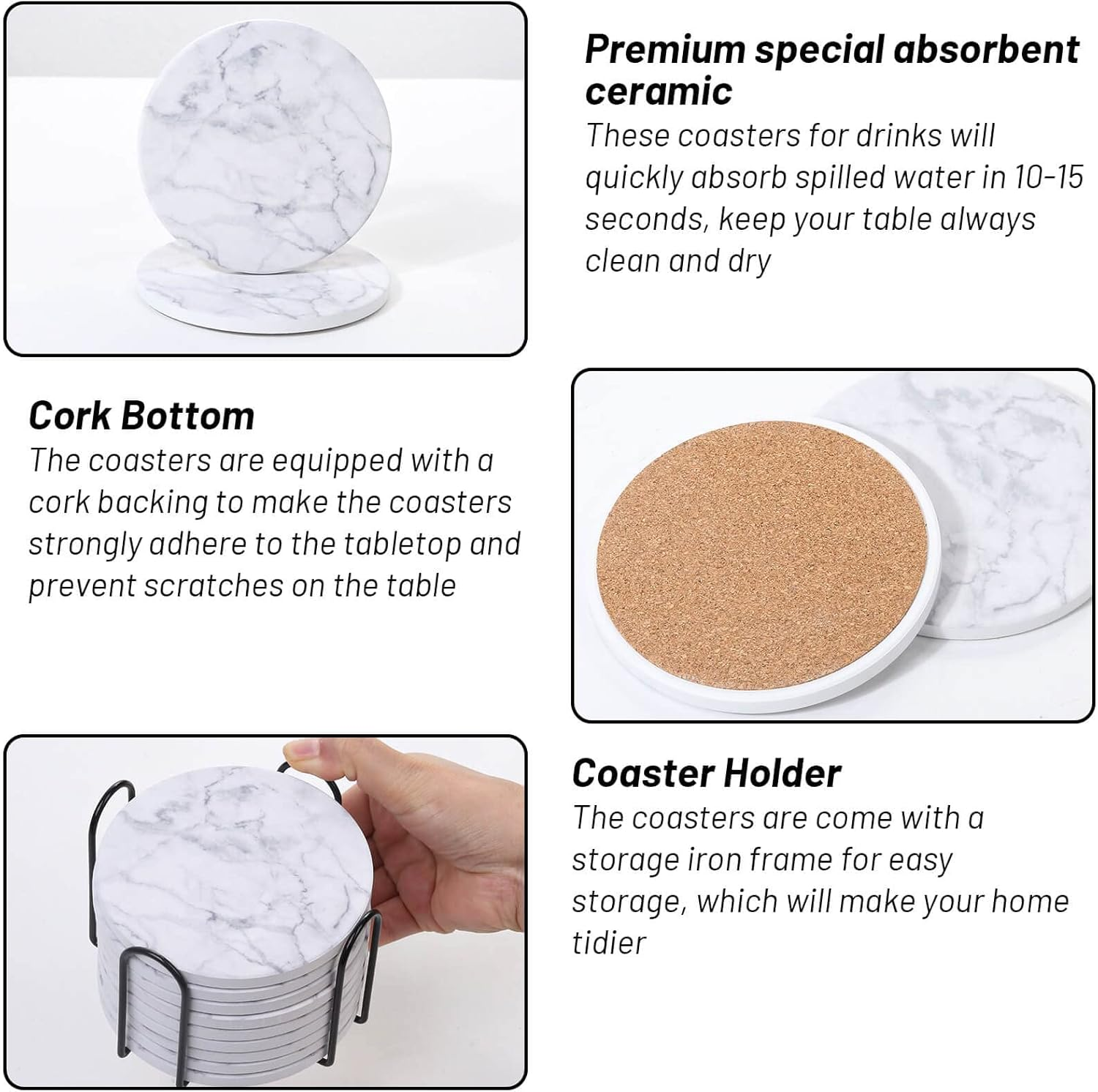 Billbotk 9 Pieces Ceramic Coasters for Drinks with Holder, Absorbent Drink Coasters for Coffee Table, Marble Style Coasters Wooden Table, Suitable for Kinds of Cups, 4 Inches image number 1