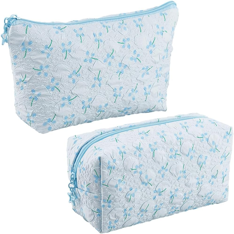CABODYALS 2 Pieces 2 Styles Flowers Travel Cosmetic Bags Set White Quilted with Zip Make up Bags Cute Flowers Portable Storage Toiletries Organiser Make up Fabric Bag Bulk Pack