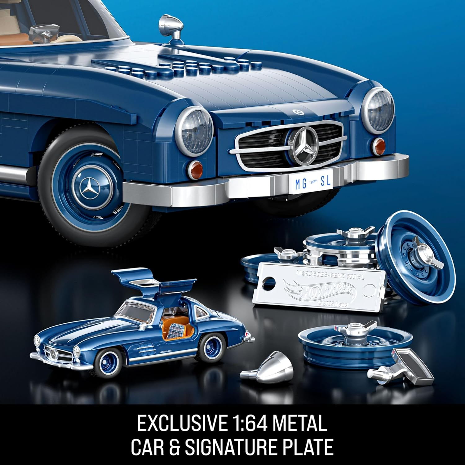 Mattel Brick Shop Hot Wheels Premium Series Building Set, Mercedes-Benz 300 SL with 1600 Pieces, Realistic Details and Metal Parts, Adult Collectors image number 2