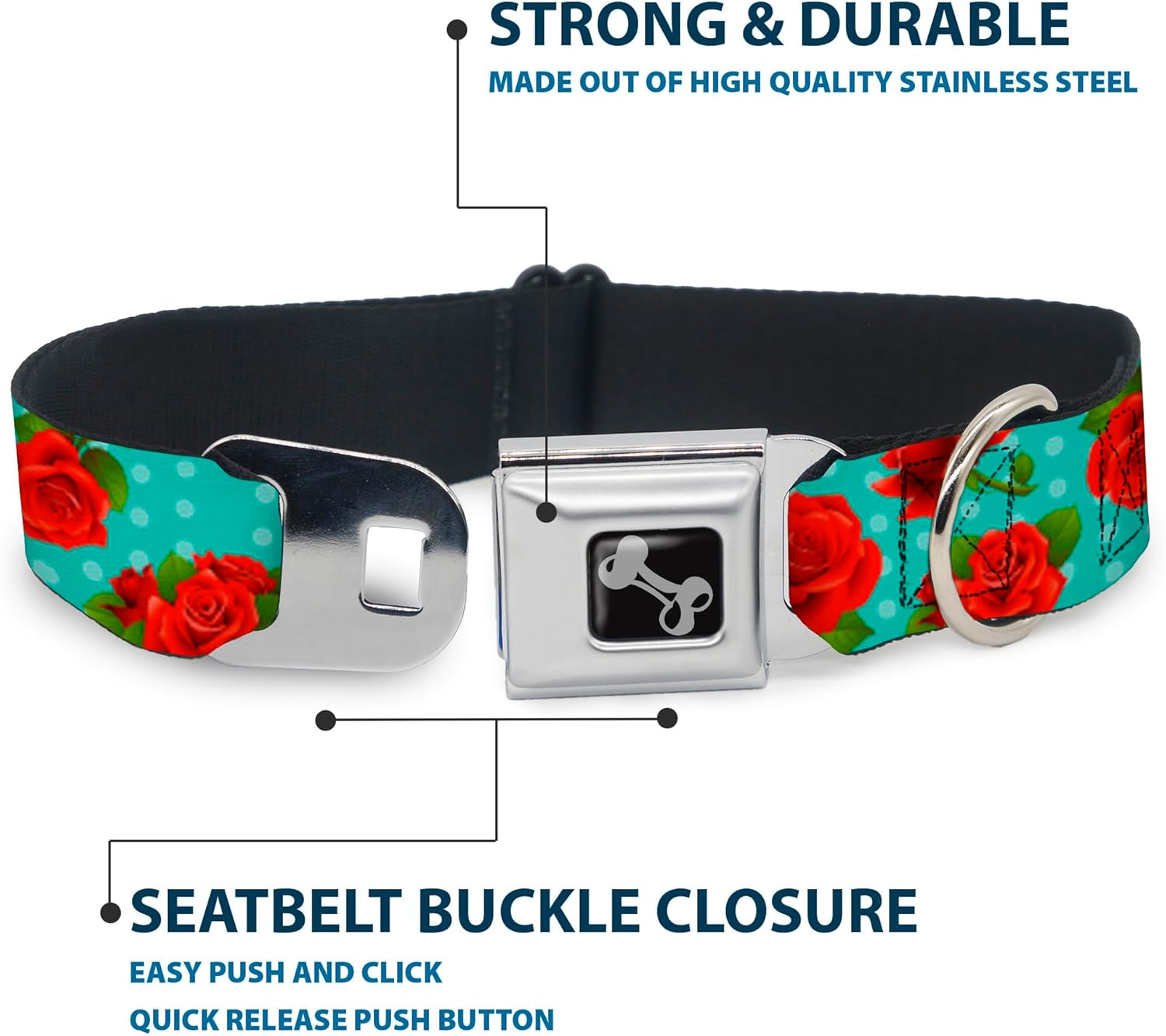 Buckle-Down Seatbelt Buckle Dog Collar - Red Roses/Polka Dots Turquoise - 1" Wide - Fits 11-17" Neck - Medium image number 4