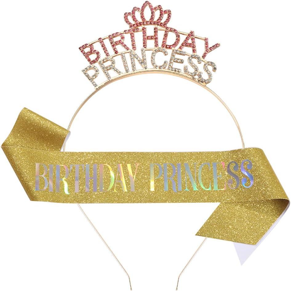 Birthday Princess Sash Headband Set Silver Pink Birthday Girl Crown Headpiece for Women Girls Happy Birthday Party Hats Supplies Decors Signs Birthday Presents for Girls Daughter Granddaughter