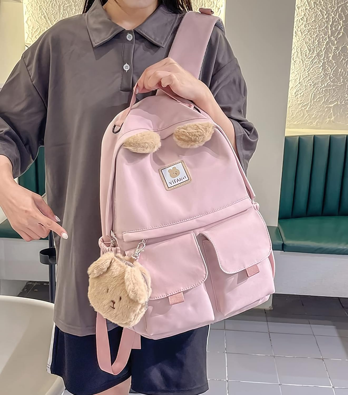 Laureltree Kawaii Aesthetic Cute Backpack with Accessories 14 in Laptop Rucksack Travel Bag School Students Suppliers Girls - Black image number 3