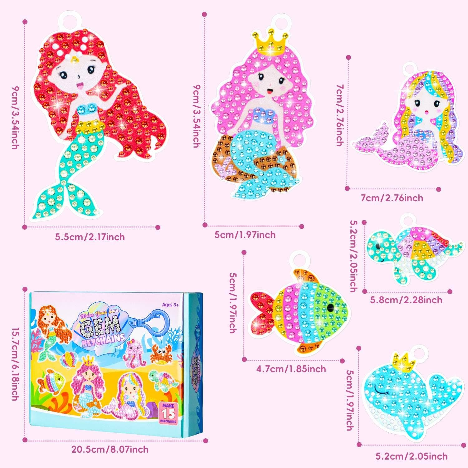 5D Gem Diamond Art Kit for Kids, Make Your Own Gem Art Keychains by Number, Cartoon Diamond Art Easy Kits, DIY Crafts Birthday Gifts Thanksgiving Christmas for Girls Boys Ages 6-8-12 (Mermaids) image number 1