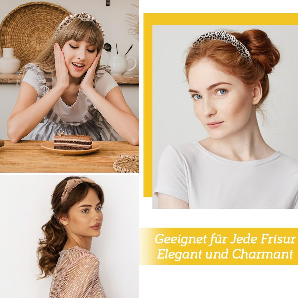 Tyafzzn Pack of 4 Headbands for Women, Elastic Headbands, Cute Headband Girls, Leopard Print Headband, Wide Knot Hairband, Non-Slip, Fashionable