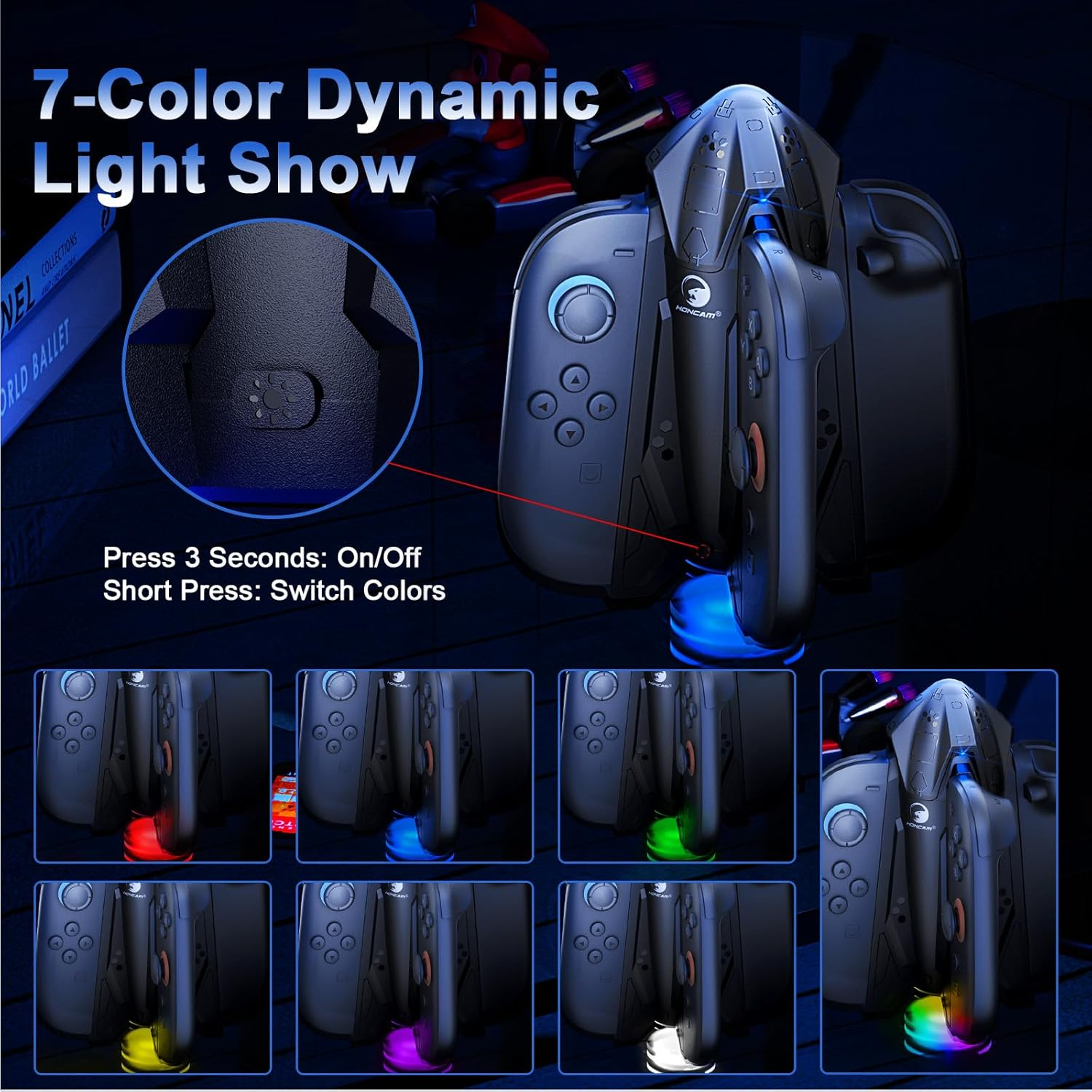 HONCAM Charging Dock for Nintendo Switch 2 Joy-Con with 7 Cool RGB Light, Switch 2 Accessories 4 In1 Joycons Charger with a USB Type-C Cord,Black image number 1