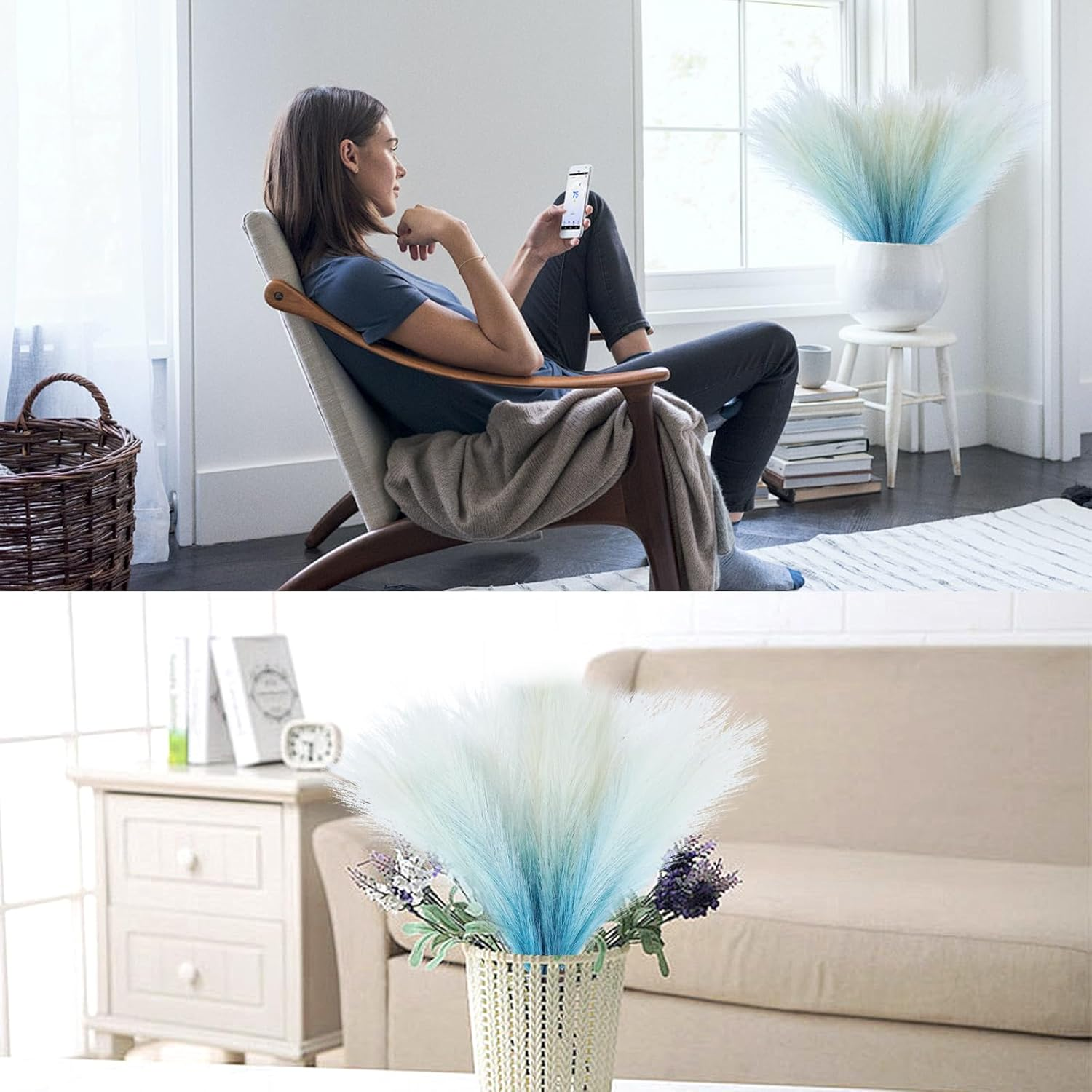 Lenamos 6 PCS Faux Pampas Grass Arrangement - 17.7"/45Cm Artificial Fluffy Pompous Grass Stems for Boho Chic Home and Wedding Decor (Gradient Blue) image number 1