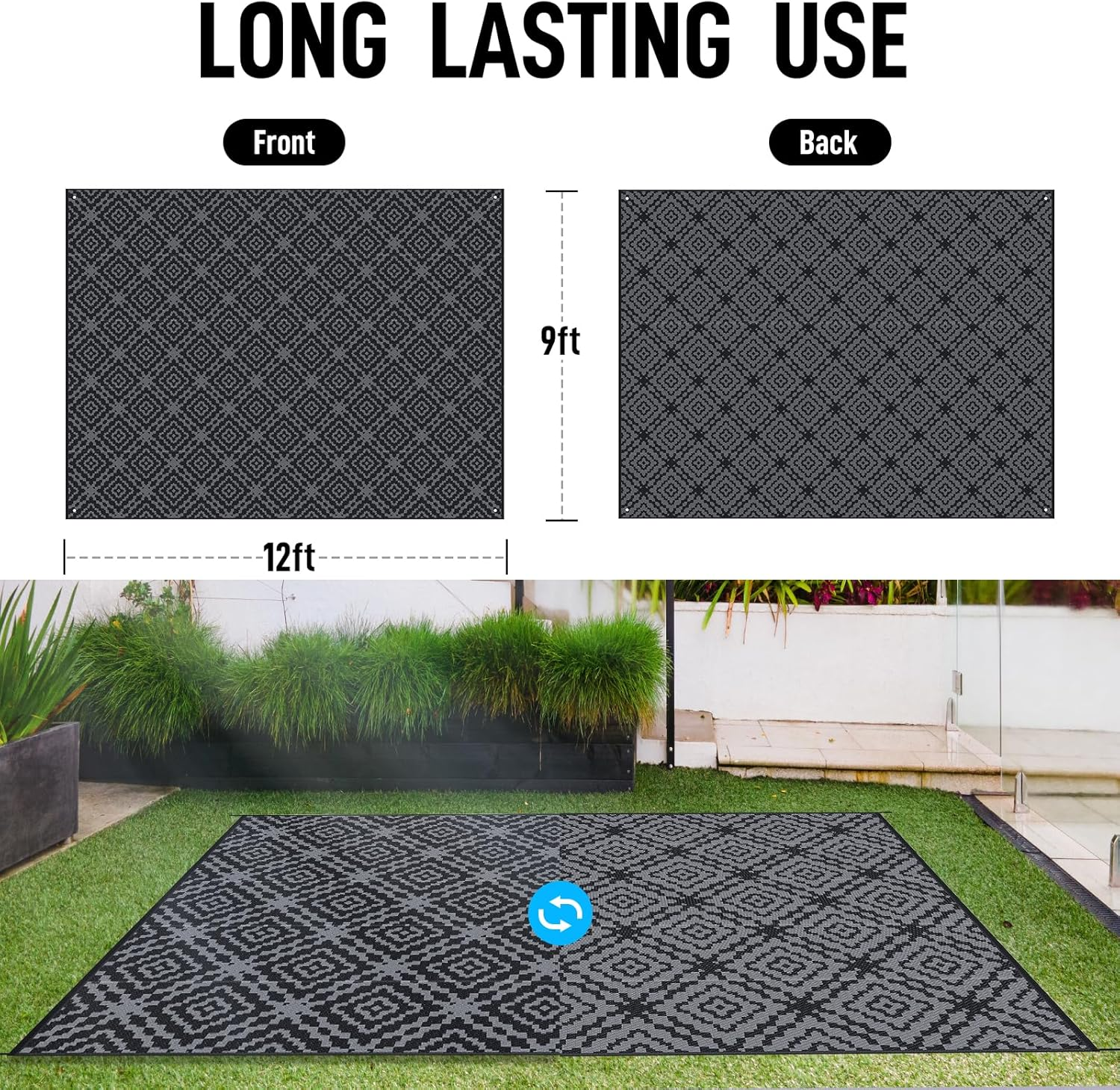 Outdoor Camping Rug Waterproof 9X12Ft, Large Reversible Stain&Uv Resistant Plastic Straw RV Rug for outside Patio Pool Deck Beach Indoor, Area Carpet Mat with Portable Bag&4 Stakes-Black Grey Rhombus