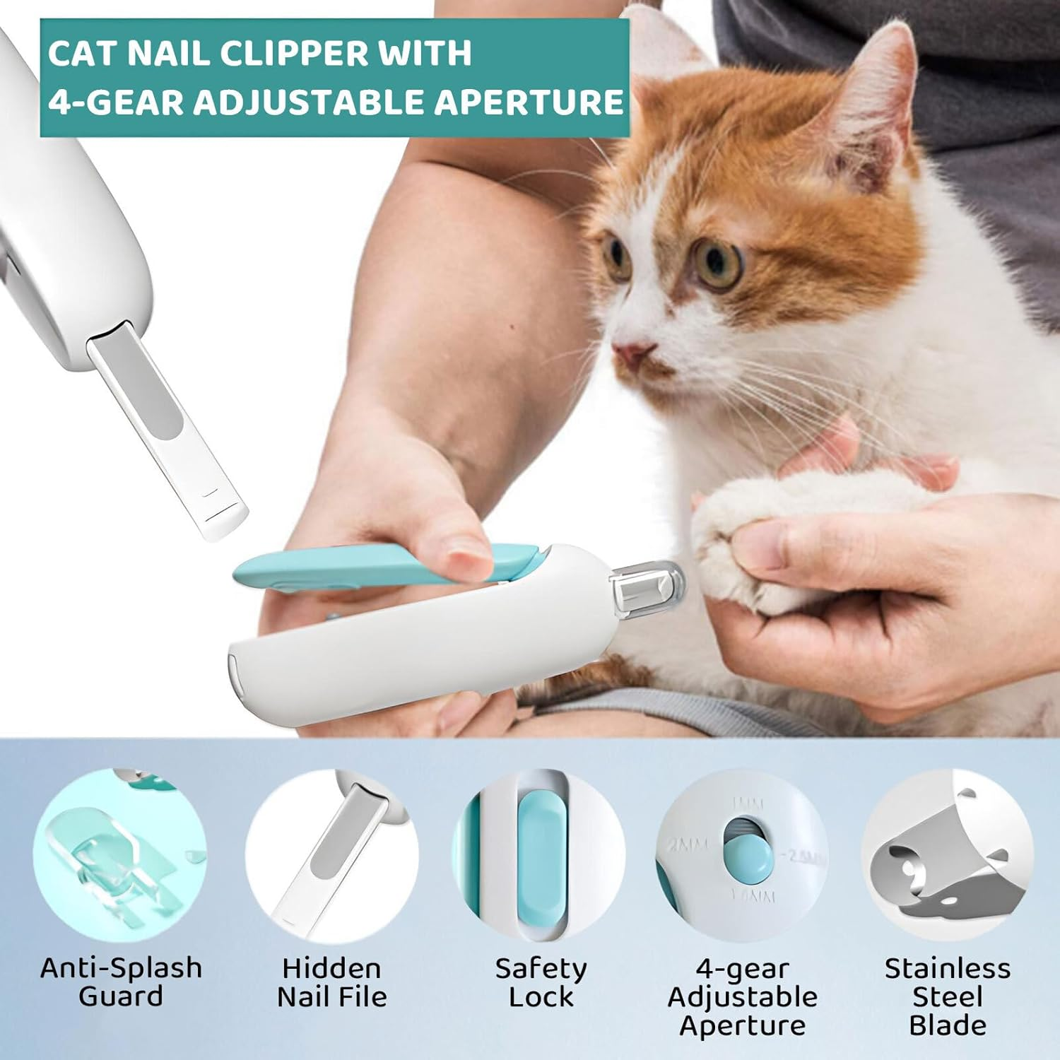 Lyvixora Cat Nail Clippers &ndash; Adjustable Aperture Pet Nail Trimmer with 4 Gears & Nail File, Safe & Easy Grooming Tool for Cats & Small Dogs (Prevents Over-Cutting) image number 4