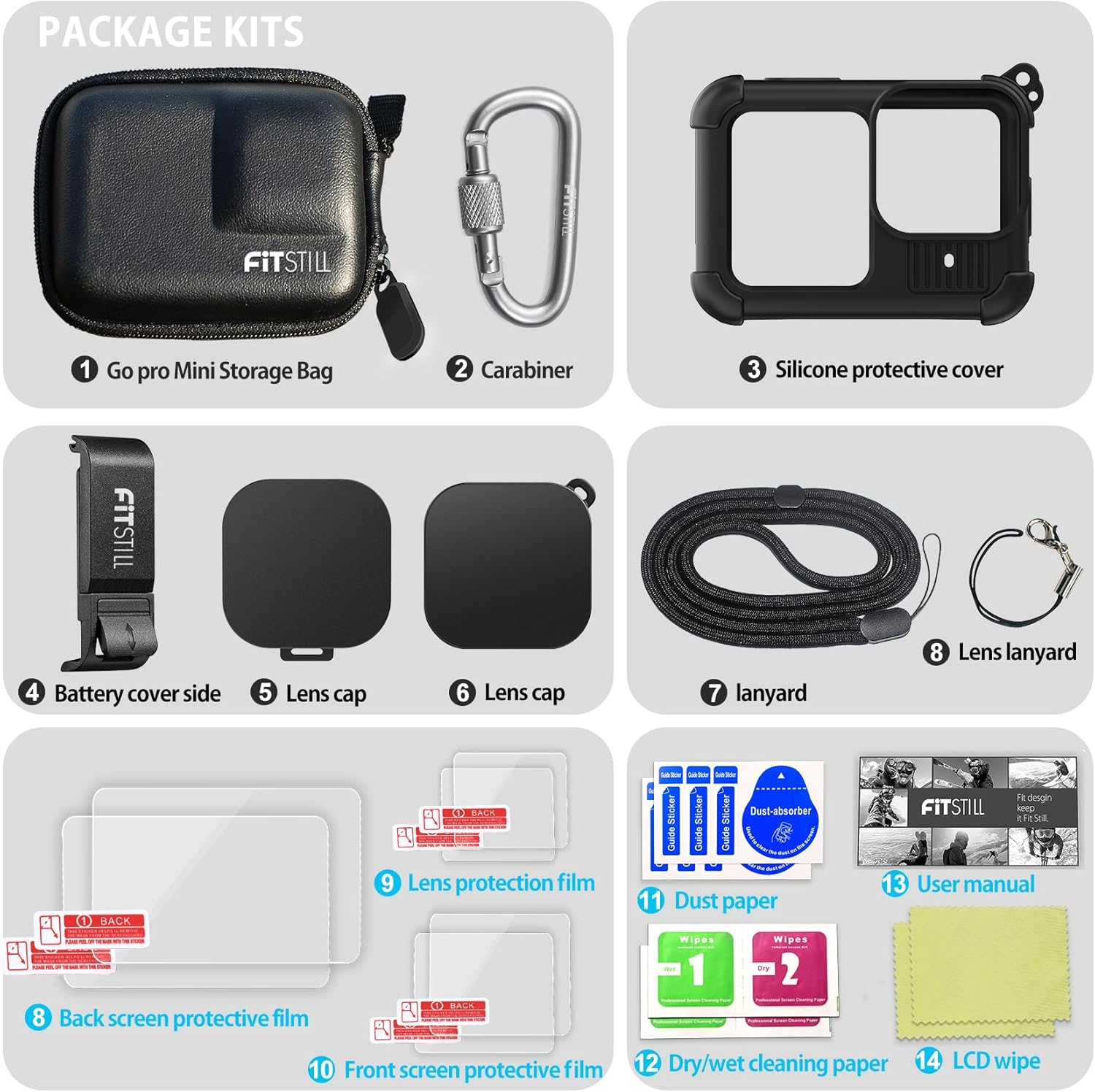 Fitstill PU Mini Carrying Case Silicone Sleeve Rubber Protective Case for Go Pro Hero 13 Black,Housing Case Replace Battery Side Cover&Screen Protectors&Lens Caps&Lanyard for Hero13 Accessories Kit