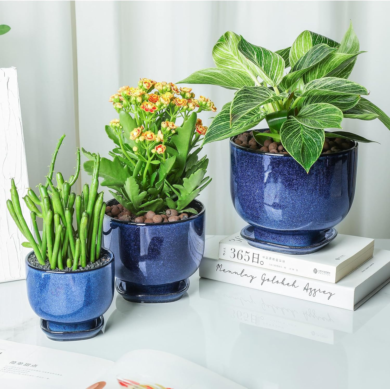 Vicrays Ceramic Plant Pots Indoor - 6.8/5.5/4.3 Inch Planter Pot with Drainage Hole and Saucer for Succulent Orchid Flower Herbs Cactus - Gardening Home Desktop Office Decor &ndash; Set of 3 Blue