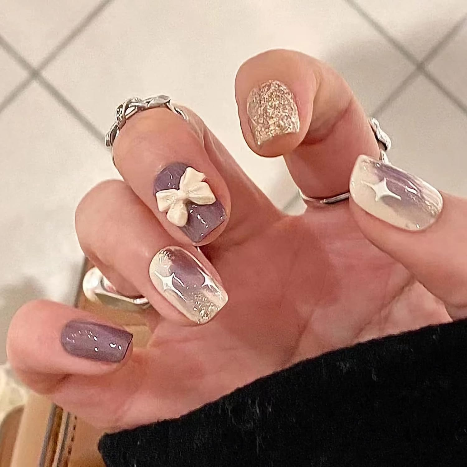 RYUUSEI Short Square Press on Nails, Fake Nails with White Gold Purple with Bow, Stick on Nails, Cute Fake Nails Full Cover Acrylic False Nails French Acrylic Nails Press on for Women Girls DIY Nail Manicure image number 2