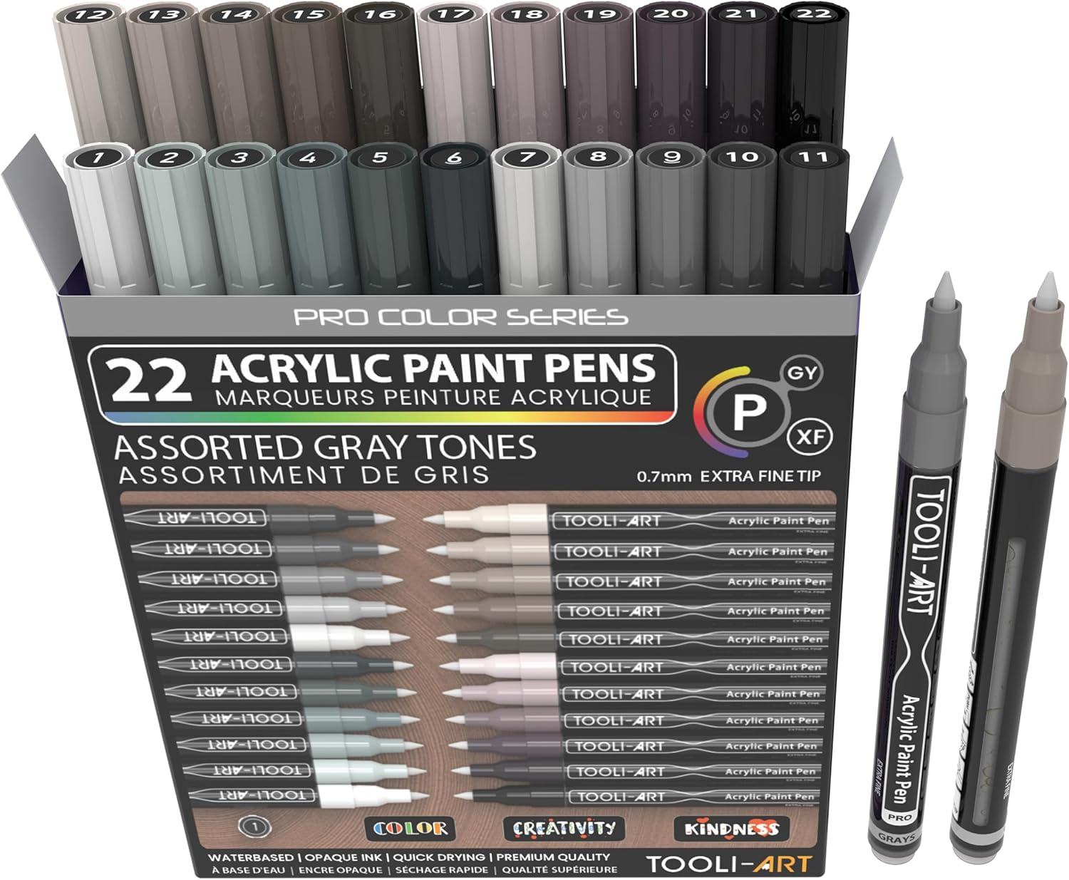 Acrylic Paint Pens 22 Assorted Gray Pro Color Series Markers Set 0.7Mm Extra Fine Tip for Rock Painting, Glass, Mugs, Wood, Metal, Canvas, DIY Projects, Outlining, Detailing. Non Toxic, Waterbased image number 5
