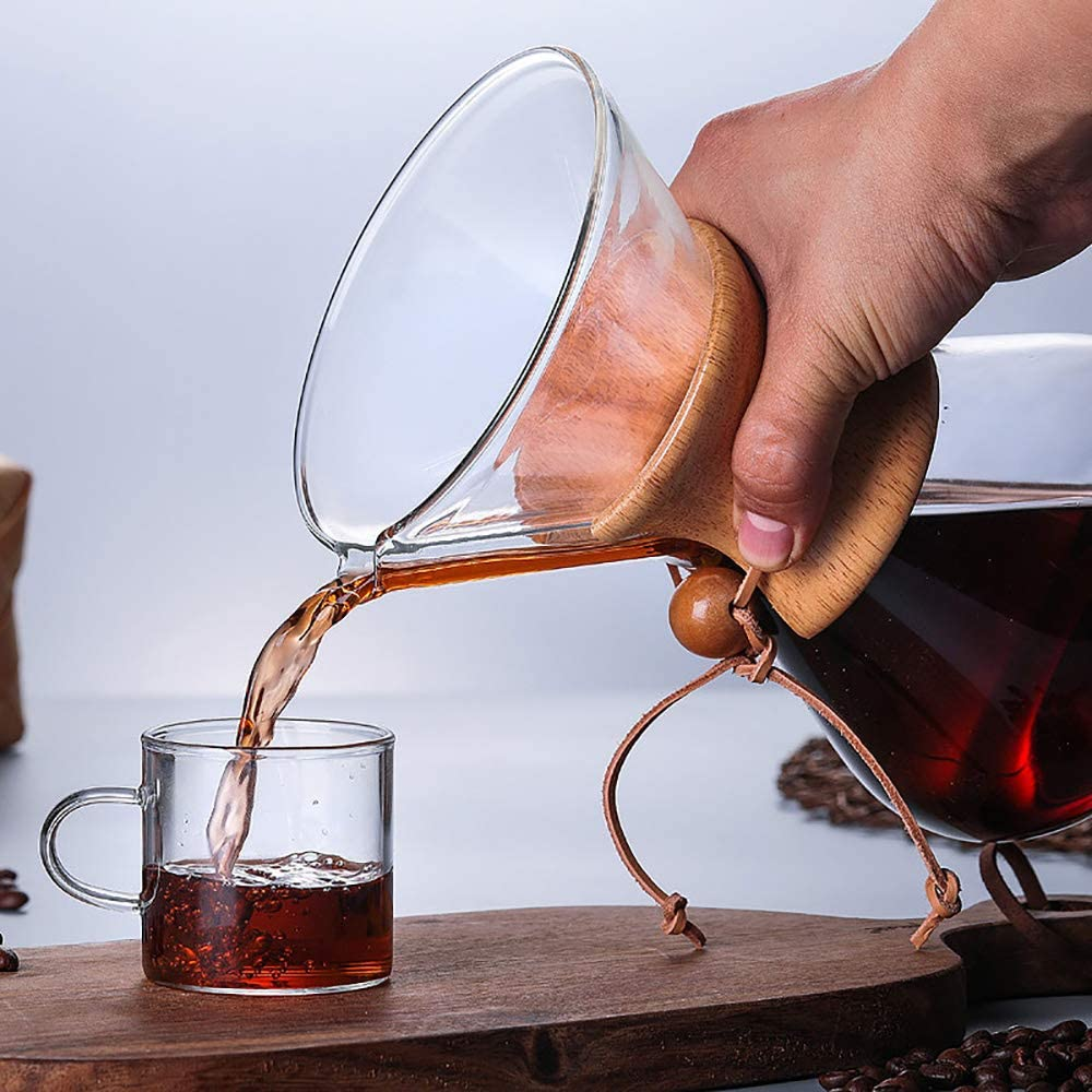 Wood Neck Pour over Coffee Maker with Reusable Stainless Steel Filter and Coaster Pad, 400 Ml Borosilicate Glass Coffee Carafe, Wooden Collar, Coffee Dripper Brewer, Hold 2 Cups image number 5