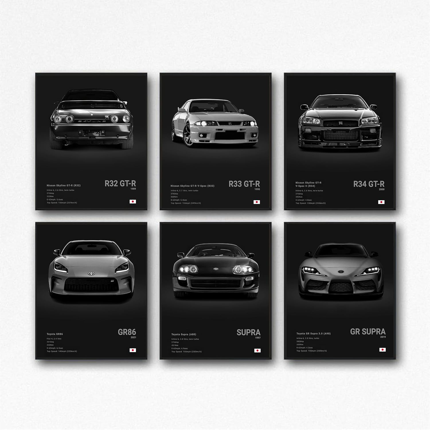 XUPUE JDM Racing Car Art Posters - Japanese Wall Art Prints for Boy'S Bedroom & Living Room Set of 6, Unframe Style 8X12Inch(20X30Cm) (Black)