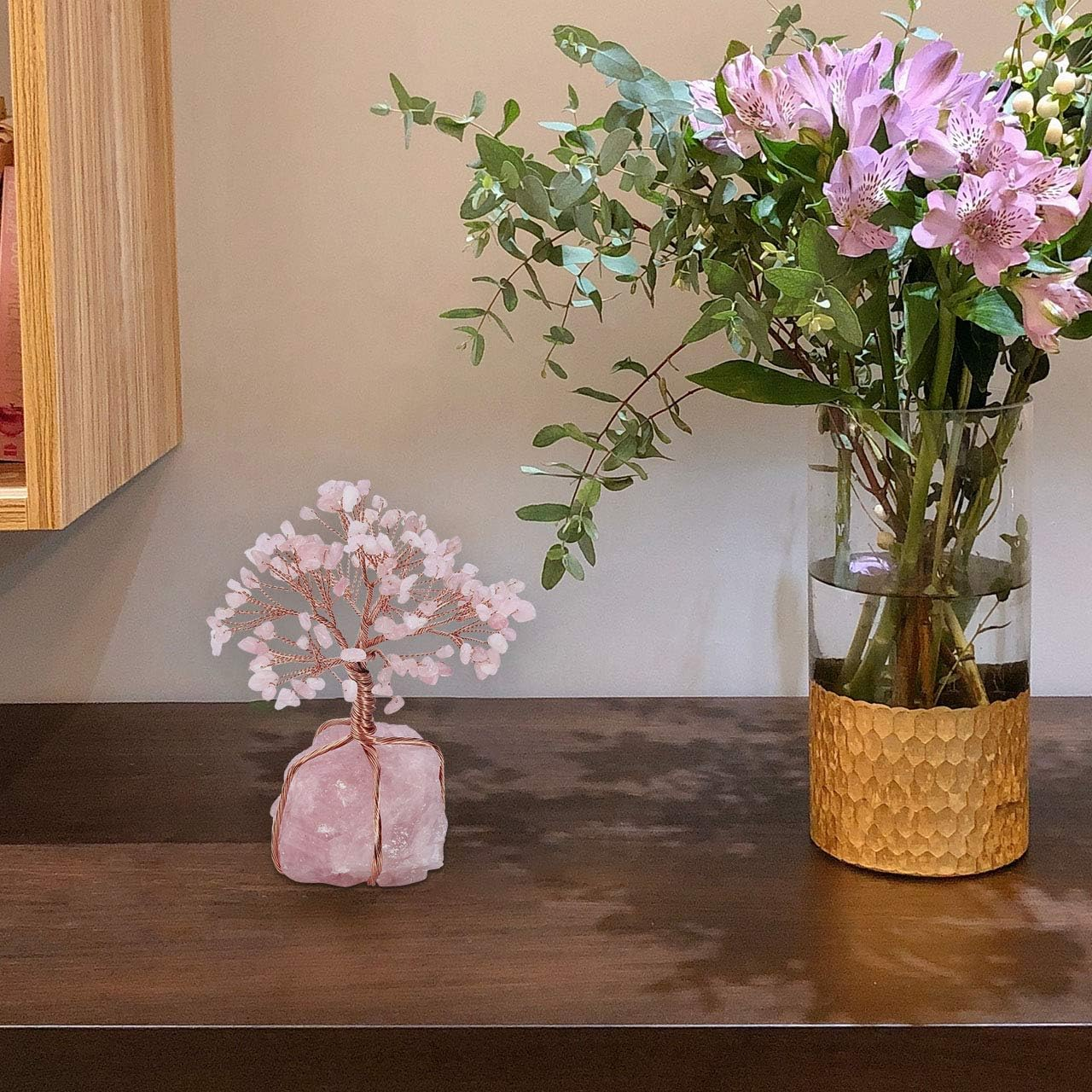 (Rose Quartz) - Top Plaza Chakra Healing Crystals Copper Money Tree Wrapped on Natural Rose Quartz Base Feng Shui Luck Figurine image number 2