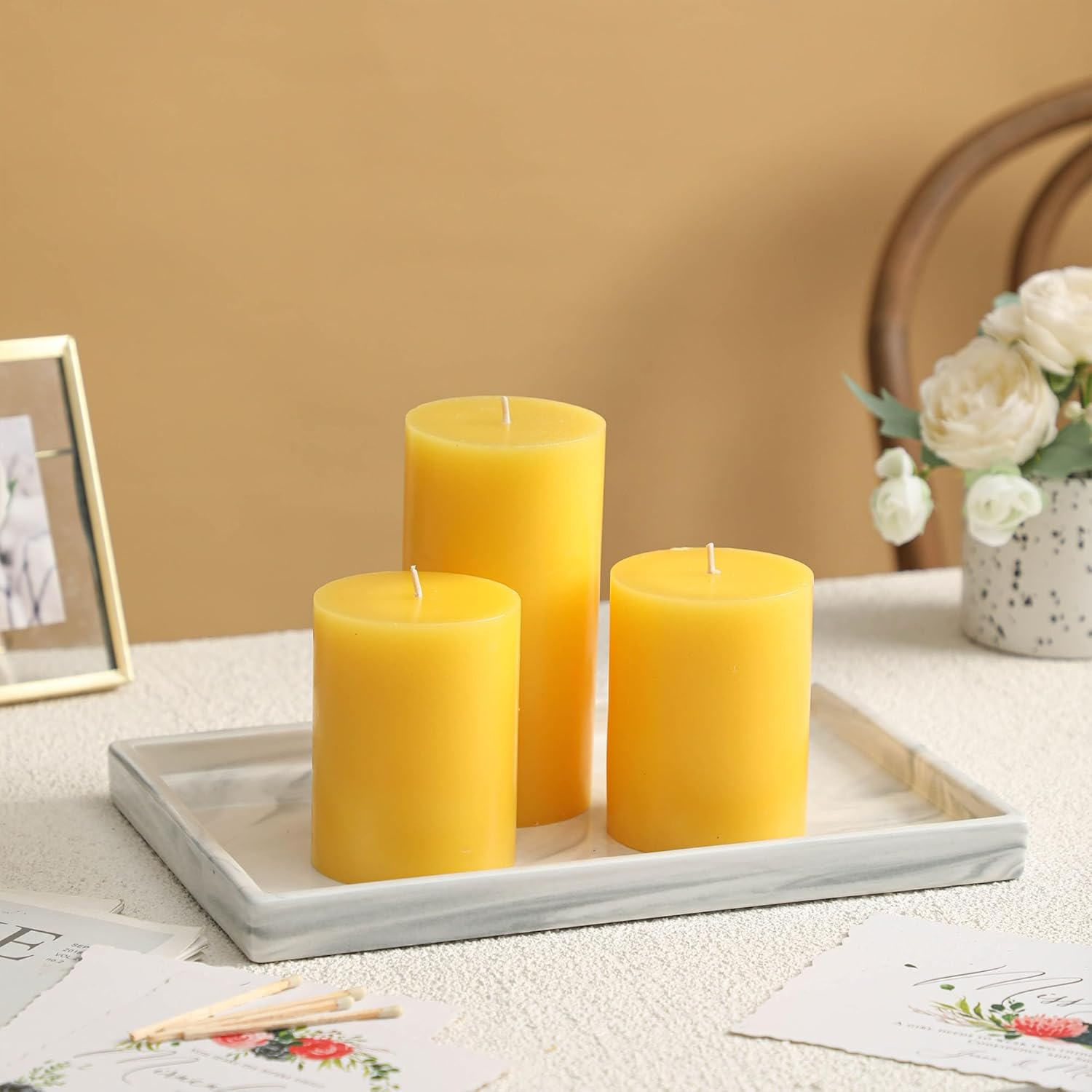 3X4 Inch Yellow Pillar Candles Set of 3 - Decorative Unscented Pillar Candle, Long Burning Dripless Candle for Table Decor, Smokeless Large Pillar Candles for Wedding Table Decor image number 2