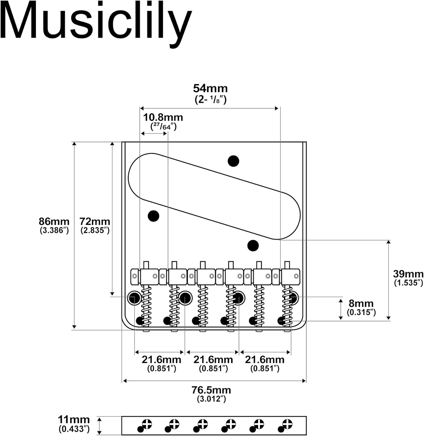 Musiclily Pro 54Mm Vintage Telecaster Bridge with Barrel Brass 6-Saddle for Squier and Import Tele Style Electric Guitar, Chrome image number 3