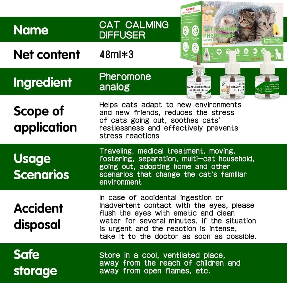 SOICARE Cat Calming Pheromone Diffuser Refill, 48Ml, 3-Pack, 25-Day Coverage