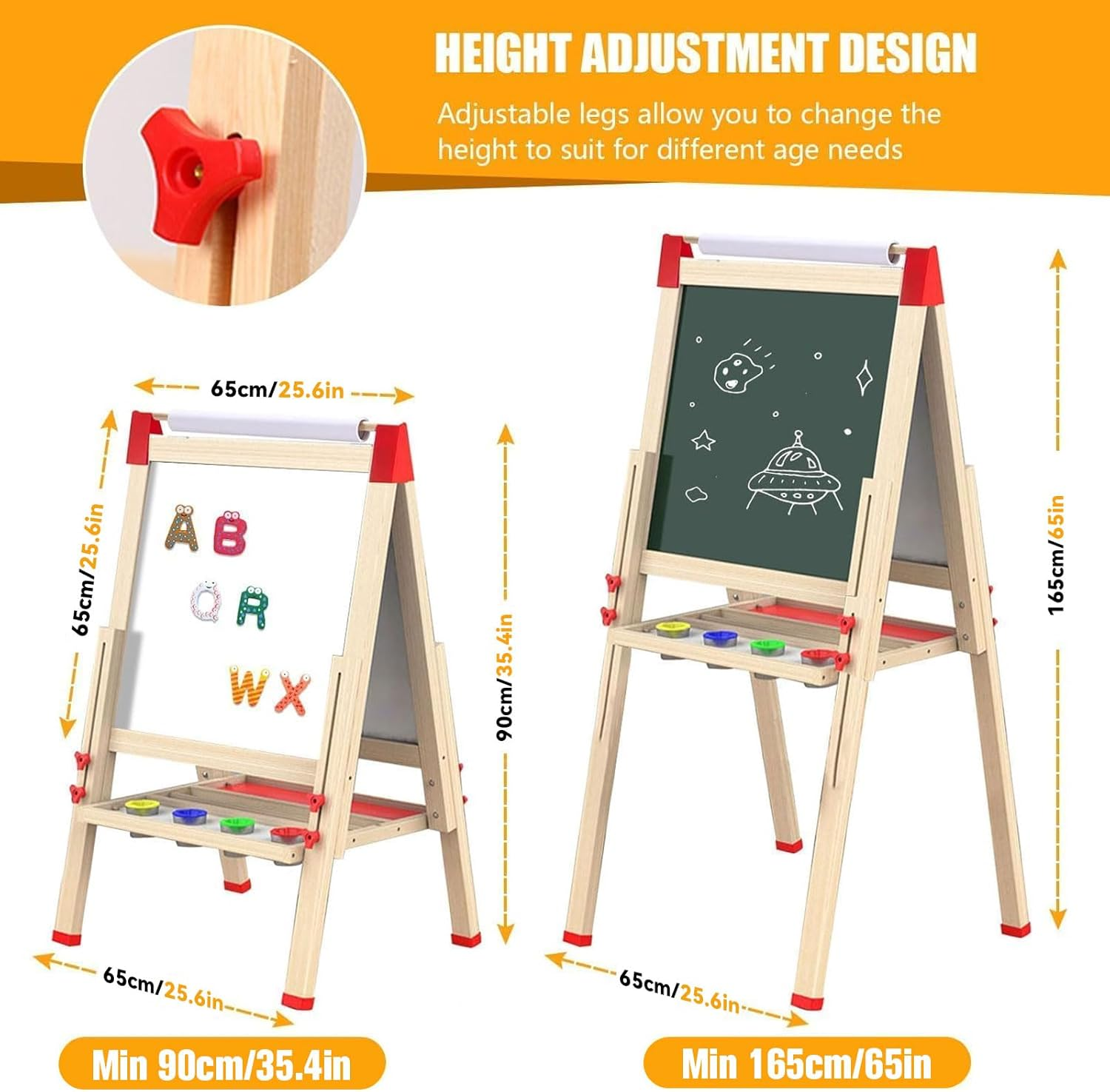 65X65Cm Adjustable Kids Art Easel for Kids - 3-In-1 Double-Sided Magnetic Chalkboard & Whiteboard with Paper Roll Chalk Board for Kids Wooden Toddler Easel for Kids, Art Set for Creative Play,65X65Cm image number 4