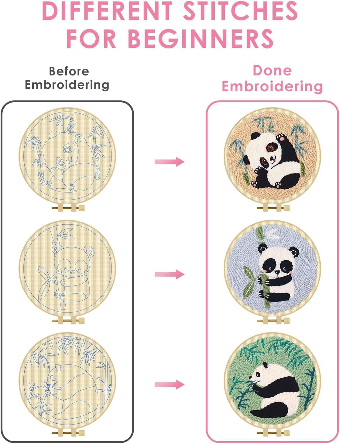 3 Sets Punch Needle Kits, Panda Punch Embroidery Kits for Adults Beginner, Tool with Punch Needle Fabric, Hoops, Yarns and Sewing Needles image number 5