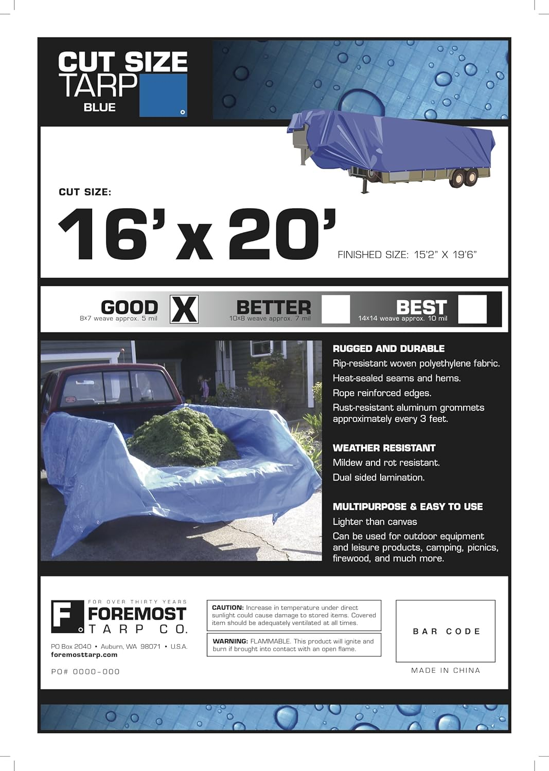 16' X 20' Blue Cut Size 5-Mil Poly Tarp Item #816204 image number 2