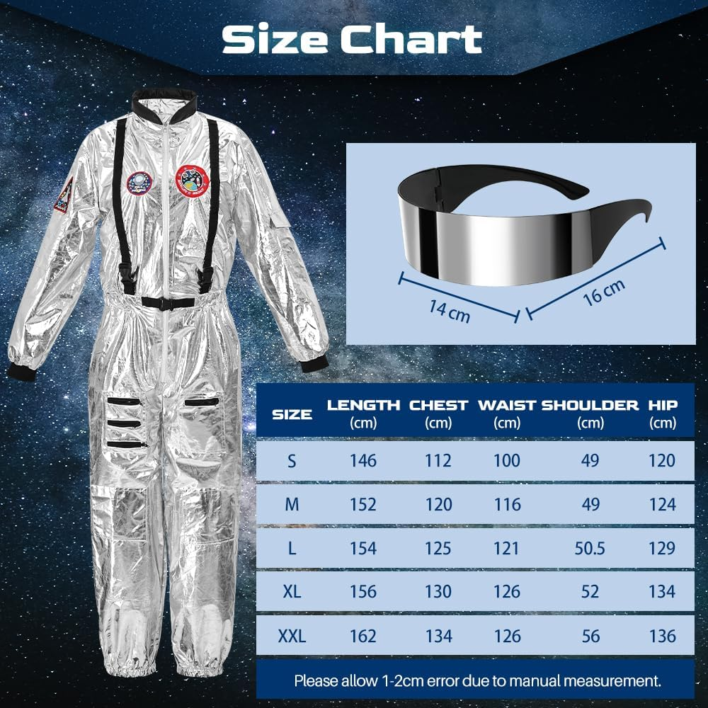 AUTOWT Astronaut Costume Jumpsuit Men'S Women&rsquo;S, Adult Shiny Silver Space Suit with Embroidered Patches and Pockets for Halloween Spaceman Unisex Costume Party Cosplay Carnival Outfits image number 6