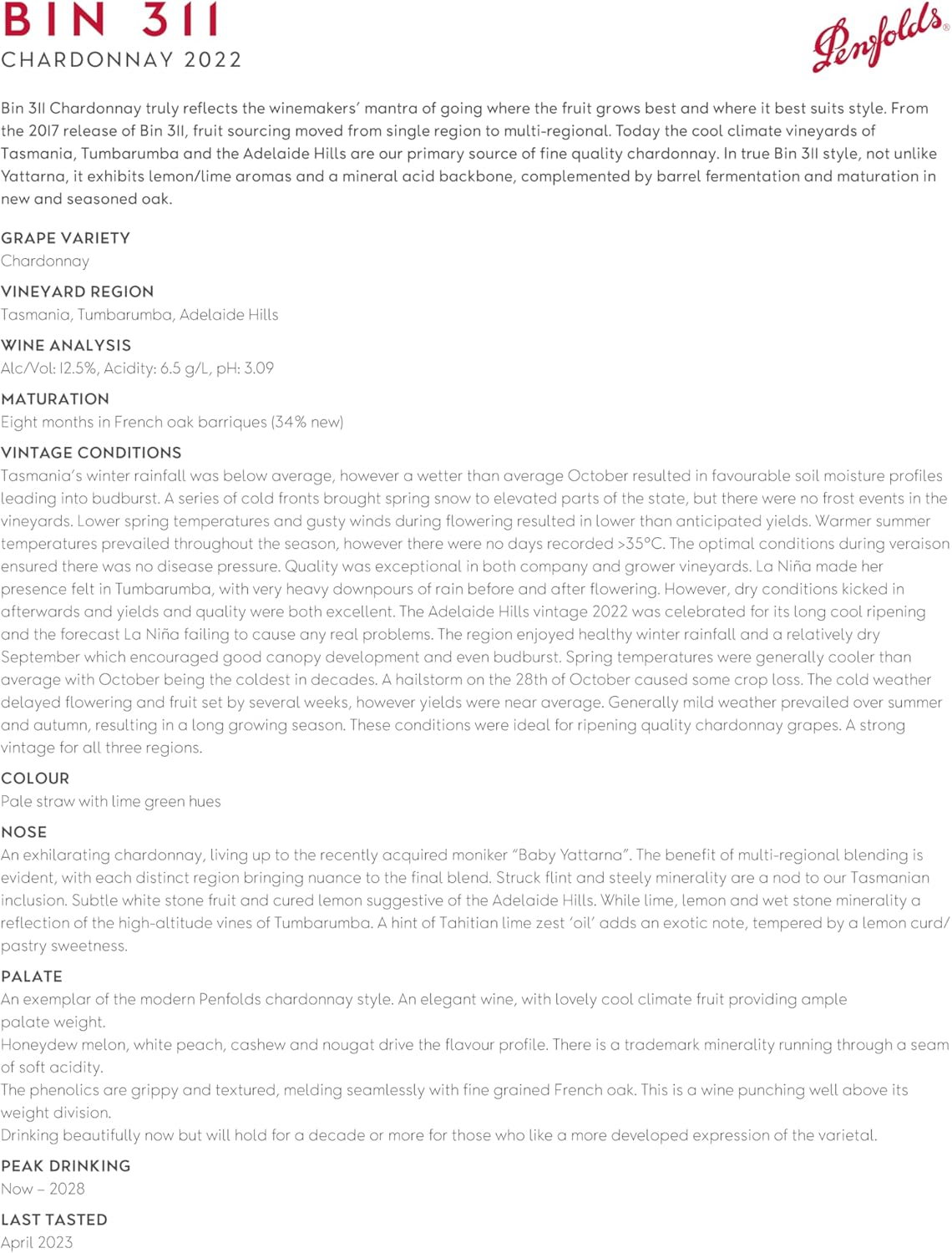 Penfolds 2022 Bin 311 Chardonnay Wine 750 Ml image number 4