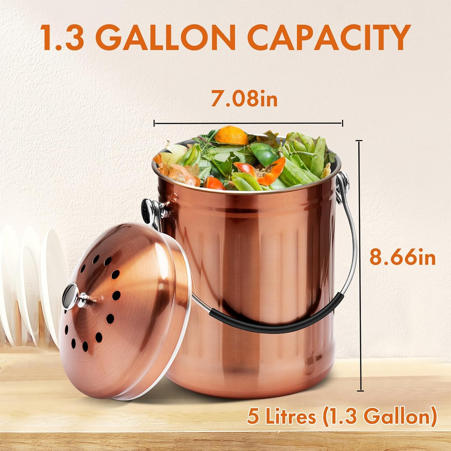 ENLOY Compost Bin for Kitchen Countertop, 1.3 Gallon Matte Copper Stainless Steel Compost Bucket with Lid, Odorless Food Waste Bucket with 2 Charcoal Filters, Indoor Compost Pail with SOFT-GRIP Handle image number 2