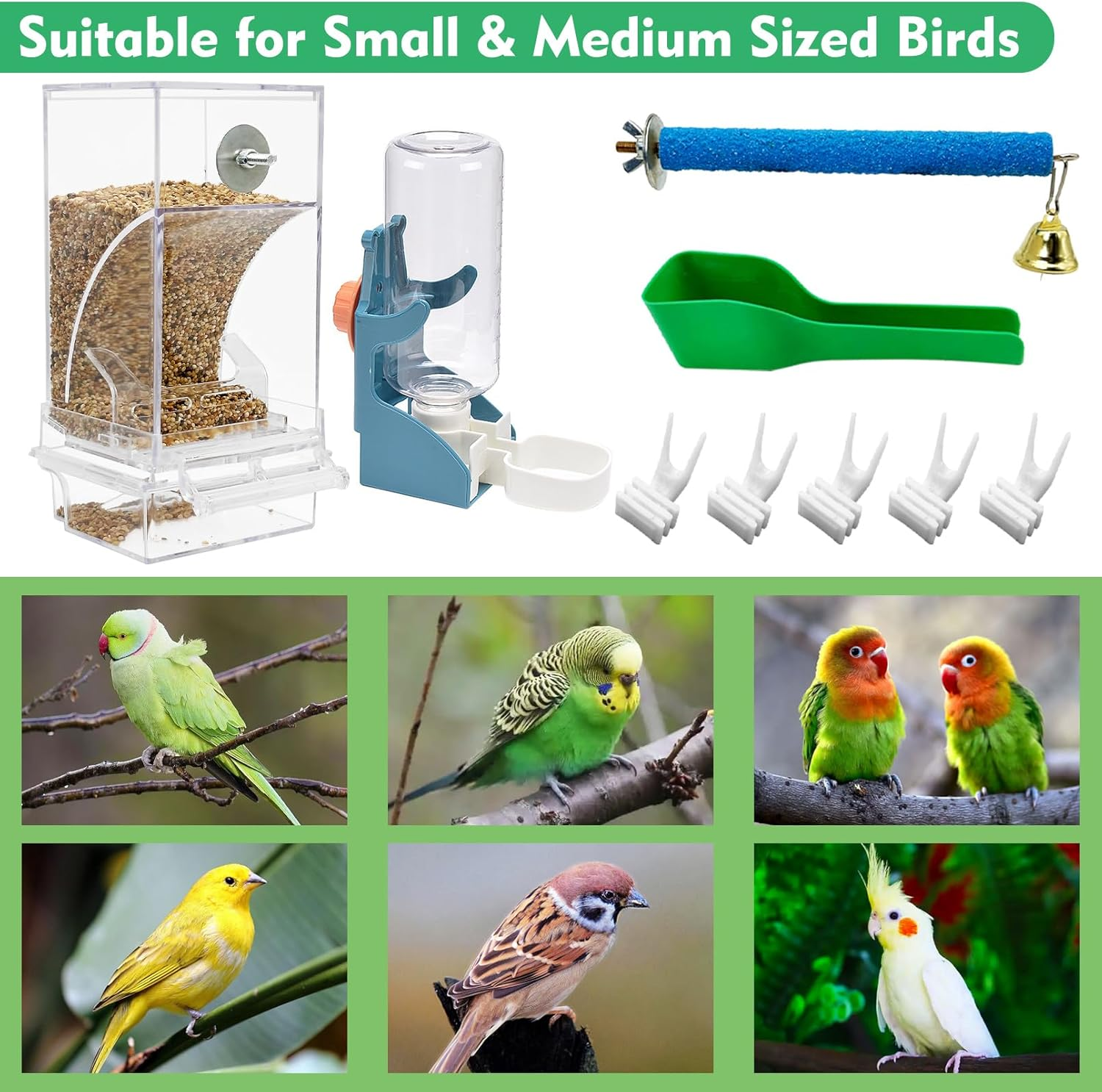 No Mess Bird Feeder Water Dispenser Set of 9 Automatic Parrot Feeder Drinker Acrylic Adjustable Parakeet Seed Food Container Cage Accessories for Lovebirds Finches Budgies Canaries image number 4
