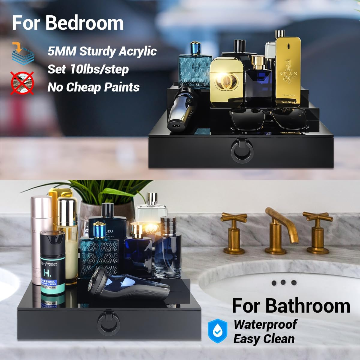 GOH&FTY Cologne Organizer for Men,3 Step Arylic Waterproof Black Cologne Stand with Drawer and Secret Compartment,Perfume Cologne Holder Tray Display Shelf as a Gift for Men in Dresser,Bedroom image number 6