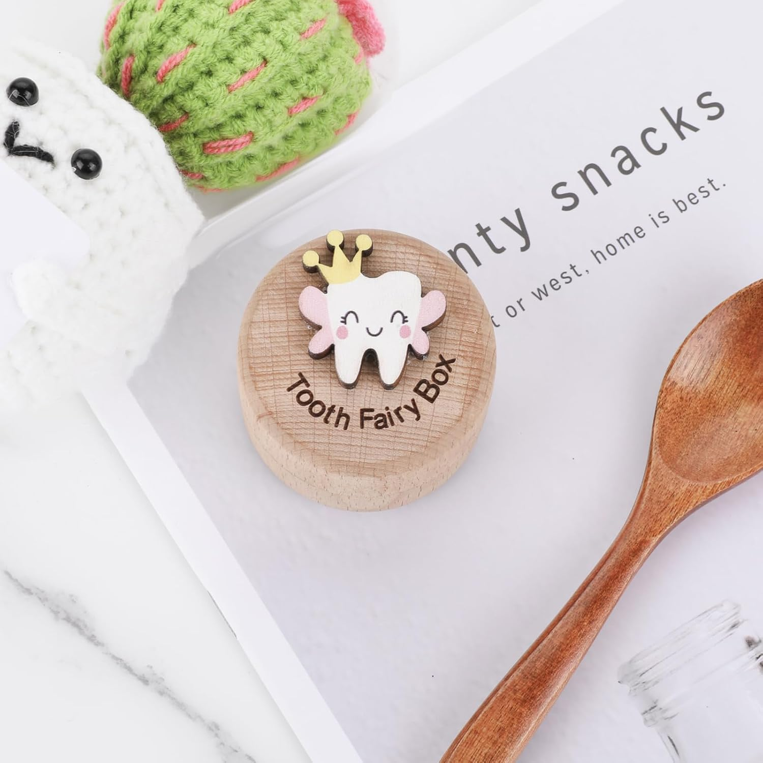 Tooth Fairy Box Tooth Box for Girls Cute Carved Wooden Box with 3D Tooth Stores Lost Teeth for Kids Souvenir Dropped Tooth Keepsake Colored Storage Box Gift (Pink Wings) image number 2