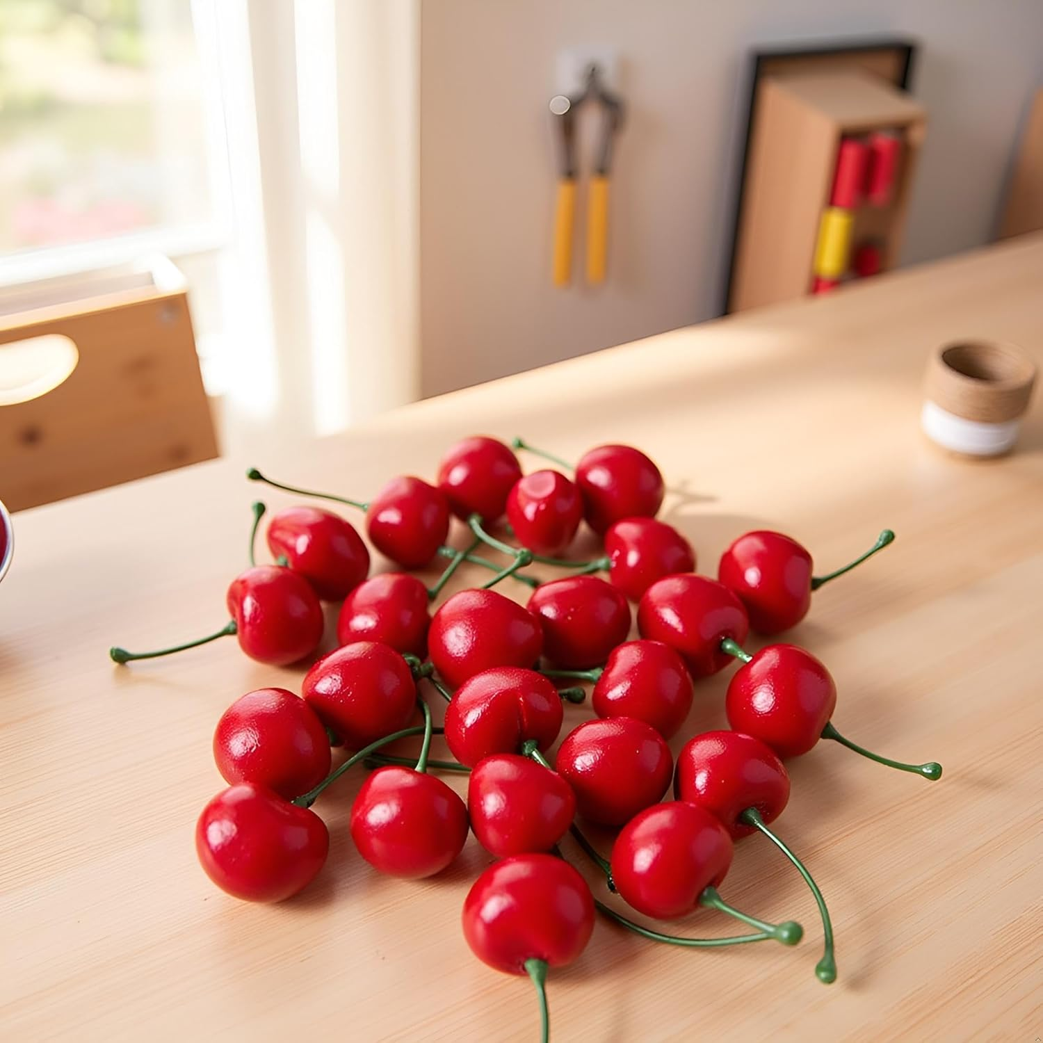 Squarezhenbo 20Pcs Red Artificial Cherries, Fake Cherry Model Lifelike Fruit Cherry Ornament, Fake Cherries,Plastic Cherries, Home Kitchen Party Decoration Desk Ornament Photography Prop Home D&eacute;cor image number 1