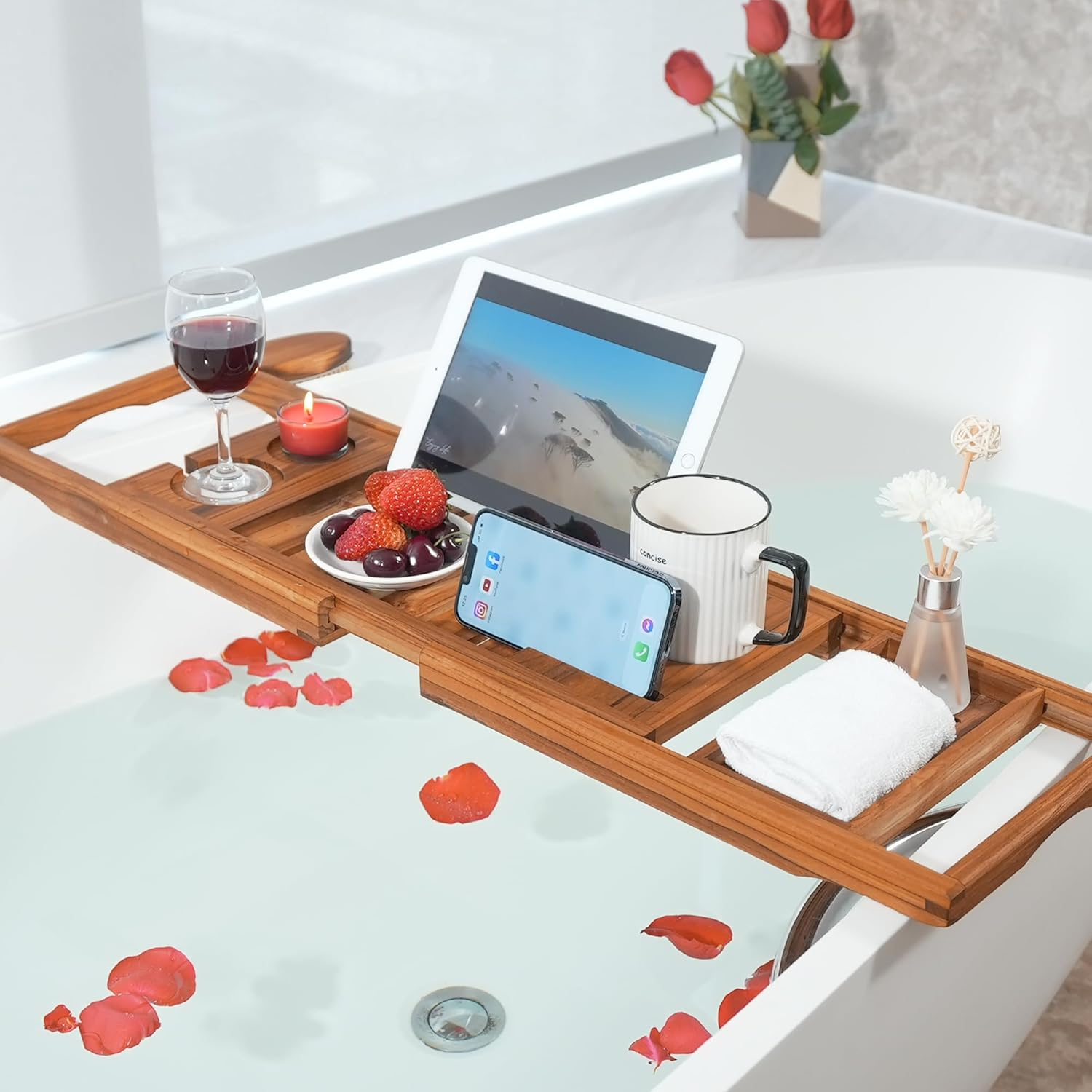 Vaefae Teak Bathtub Tray, Expandable Wooden Bath Tray for Tub with Wine and Book Holder, Solid Bathroom Caddy with Free Teak Body Brush image number 4