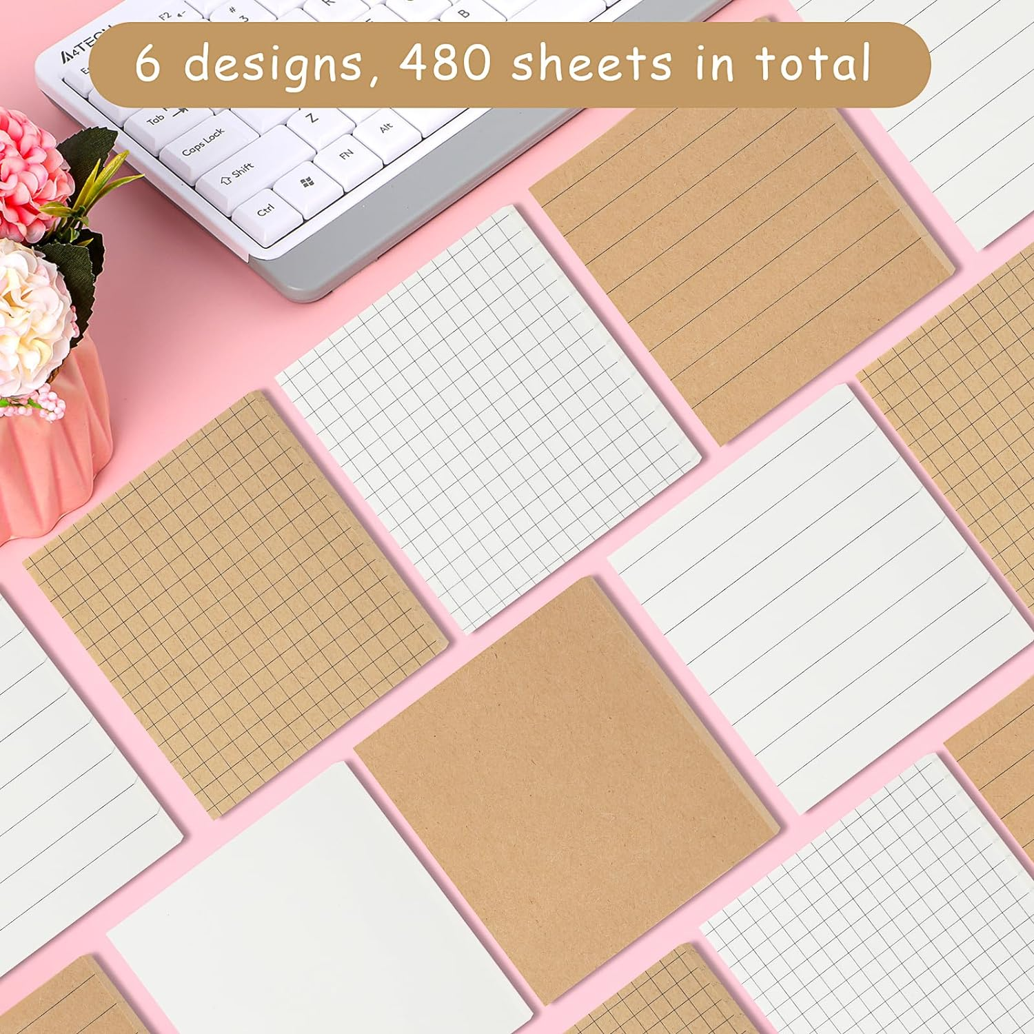 Bewudy Creative Sticky Notes, 6 Pack Self-Adhesive Kraft Paper Sticky Notes for Office and Students, Memo Pads for Reminders, Office, Home, School, Meeting (480 Sheets)