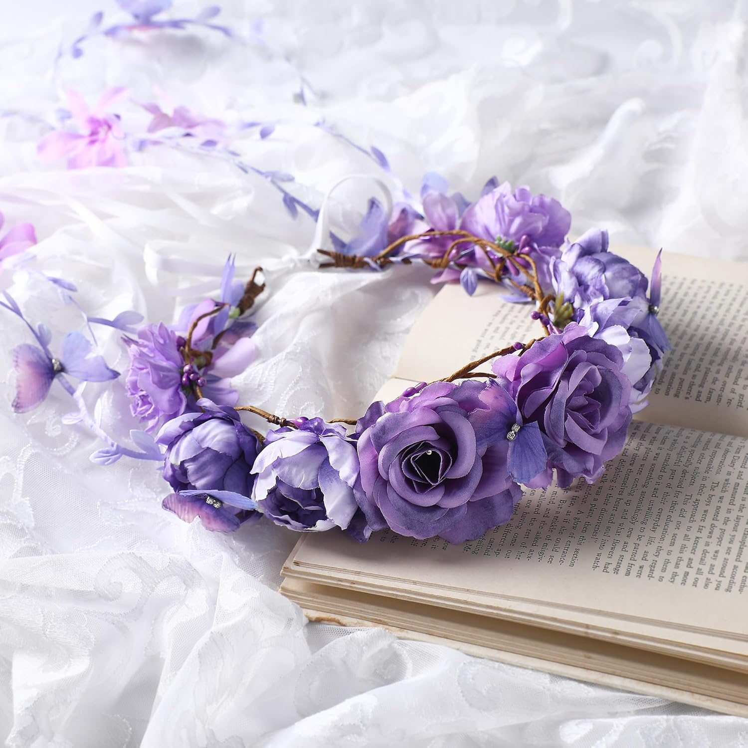 Partyforu Flower Headband for Women Purple Floral Headpiece with Butterfly Flower Crown Vine Fairy Crown for Wedding Party Bridal Shower Renaissance