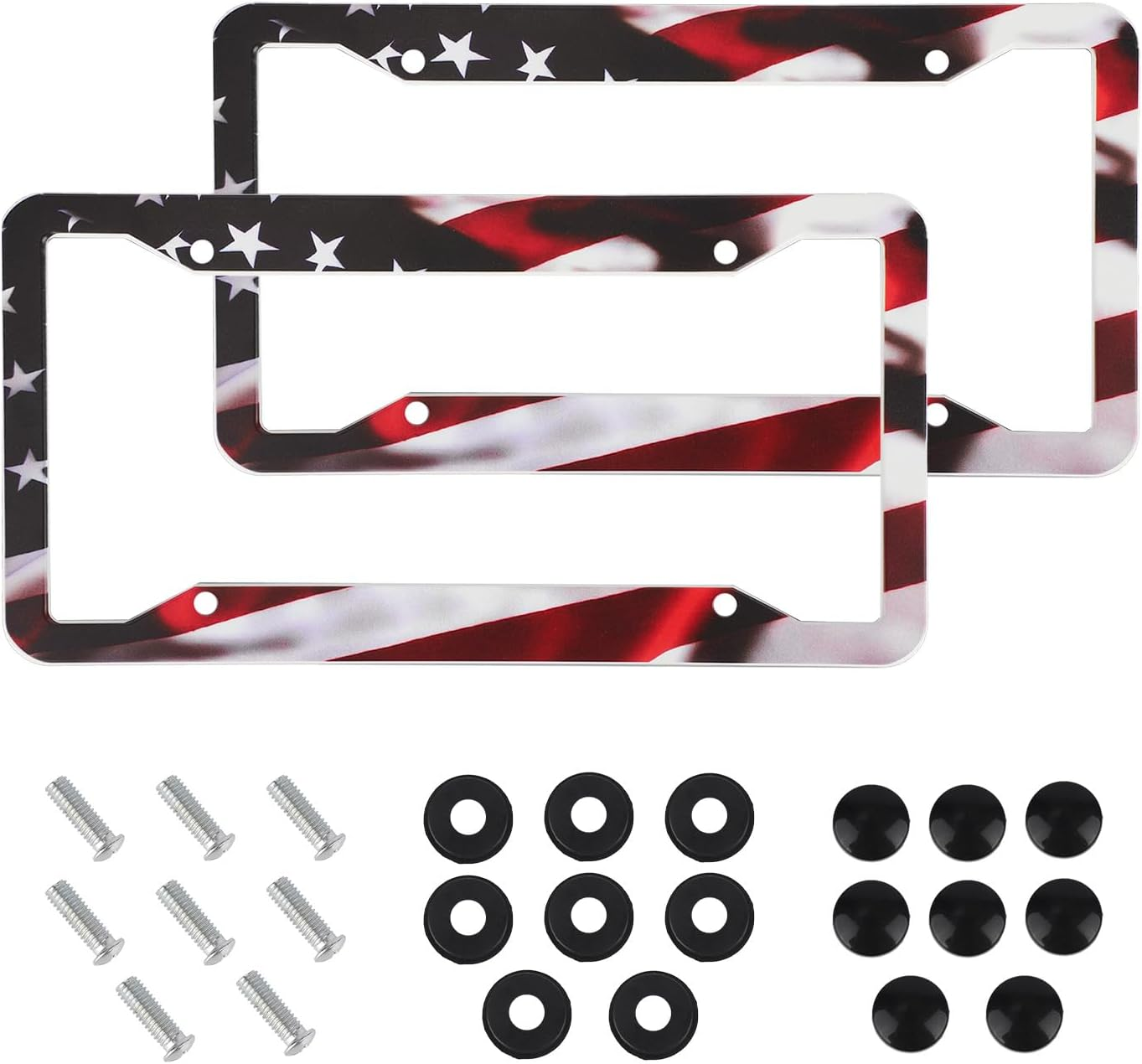 2Pcs Universal American Flag Car Plate Frame, Matte Stripe Design Aluminum Alloy Car Tag Holder with 4-Hole Mounting Includes Screws Caps & Nuts for Men Women image number 2