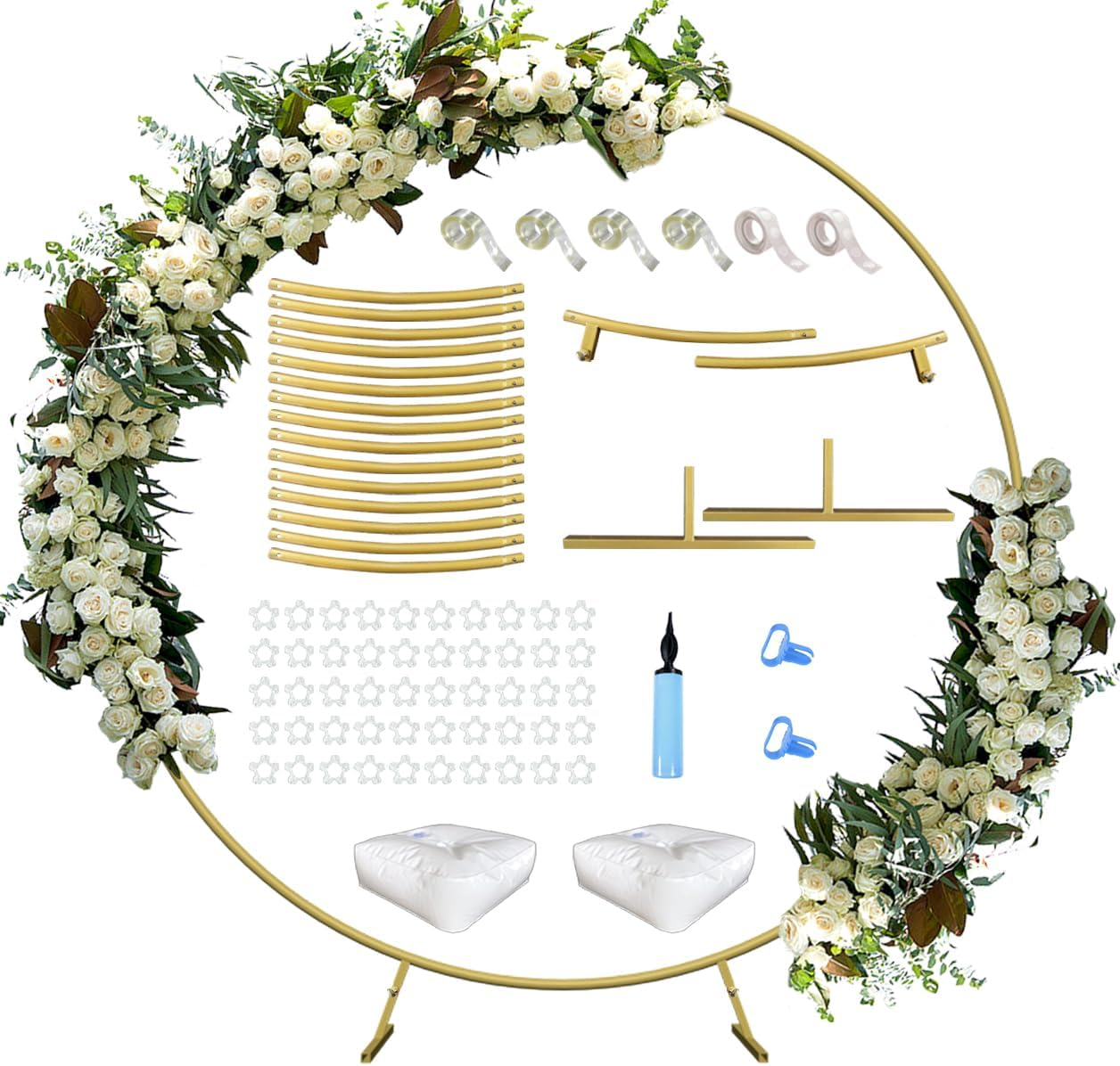 Queension Extra Large Garden Arch 7.2Ft Wide 9.2Ft High, Wedding Arch for Ceremony, Outdoor Garden Trellis for Climbing Plant, Metal Balloon Arches Backdrop Stand with Prongs Base, Gold