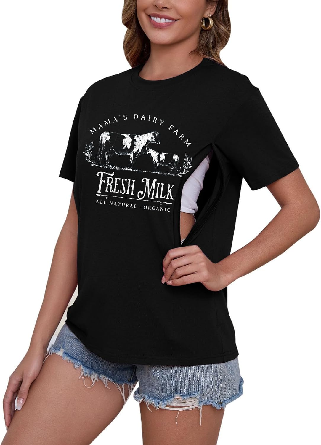 Comfort Breastfeeding Shirts for Women Zip Nursing Tops Causal Distressed Acid Washed Maternity Tees image number 3