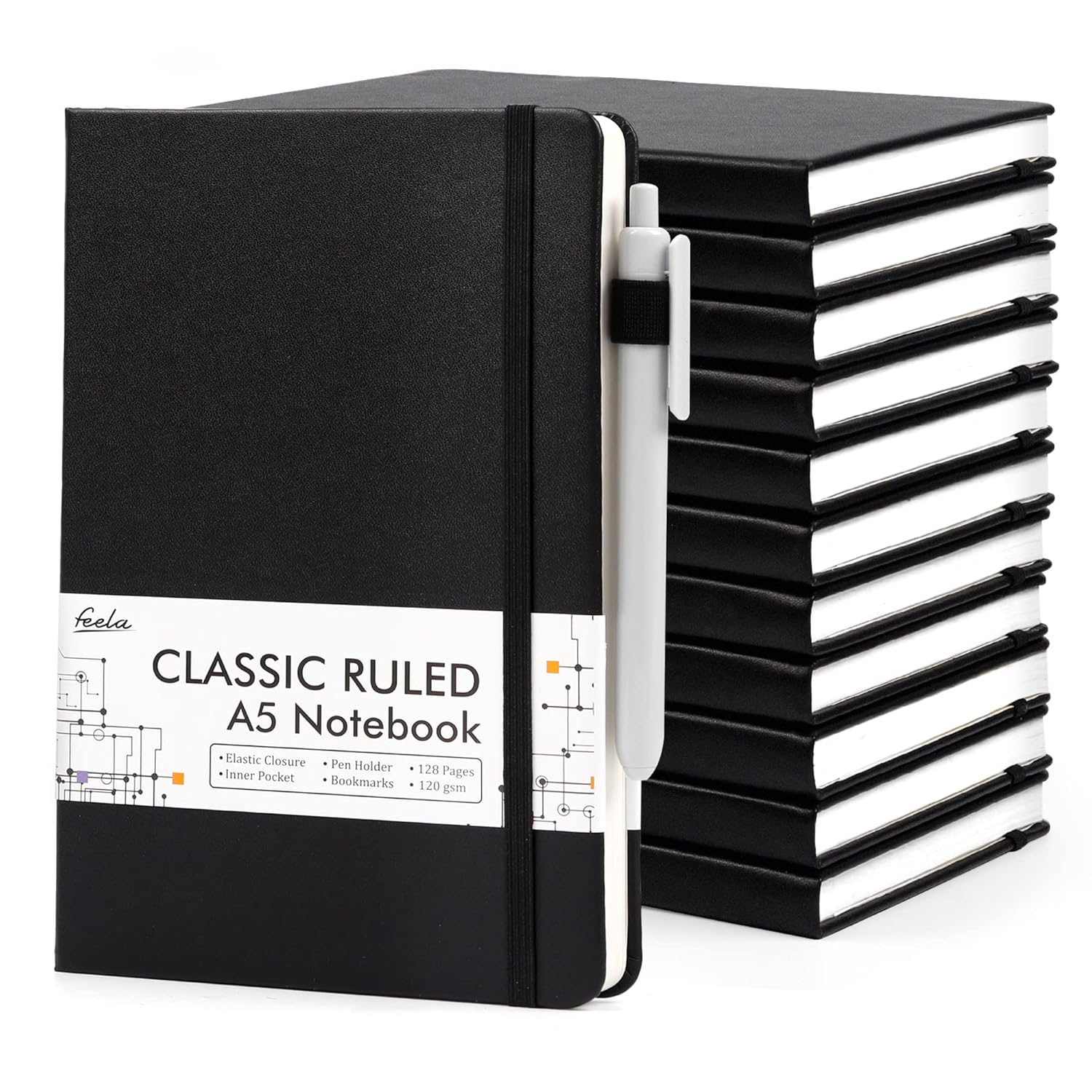 Feela 12 Pack Notebooks Bulk with 12 Black Pens, A5 Hardcover Notebook Classic Ruled Journal Set with Pen Holder for School Business Work Travel Writing, 120 GSM, 5.1&rdquo;X8.3&rdquo;, Black image number 6